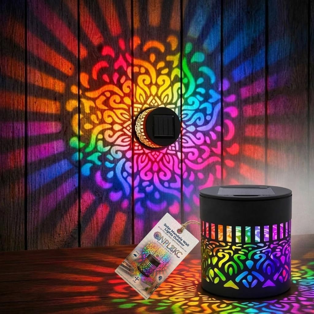 Solar Mandala Lights Outdoor Wall Projector 7 Colors Fence Night Lighting Decor Waterproof Metal Disk Boho Deck Step Stair Art Lamp gift for Garden Post Patio Backyard Yard Landscaping Decorative