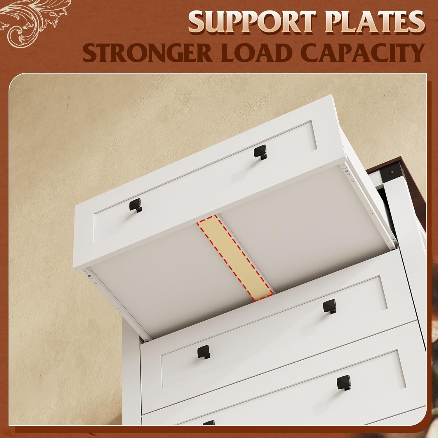 Close-up of a drawer showing a middle support plate for stronger load capacity