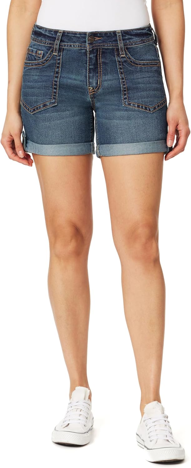 WallFlower Women's Feisty Curvy 5" Utility Denim Shorts Low-Rise Insta Stretch Juniors