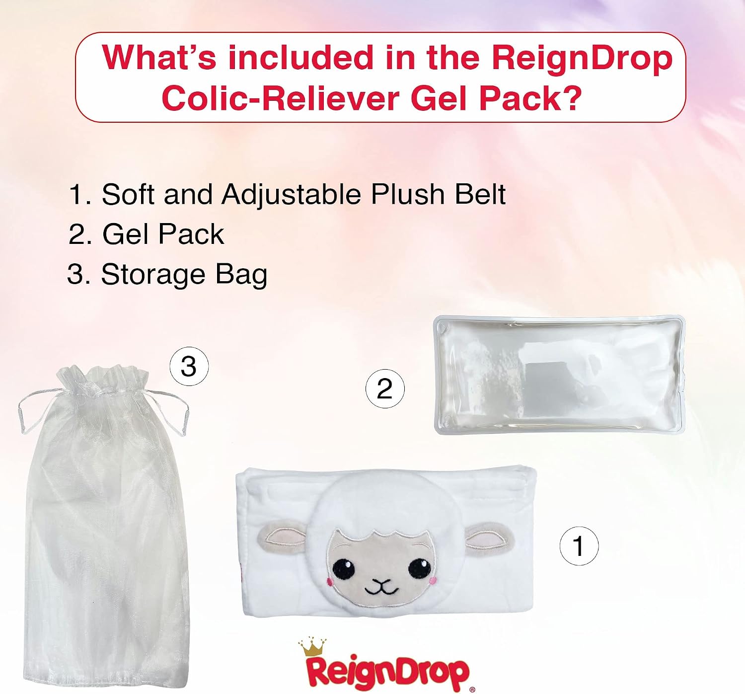 ReignDrop Colic Relief for Newborns – Gas Relief Set with Belly Band, Gel Pack, Storage Bag – Soothing Calming Warm or Cold Compression Baby Belly Belt (Lamb Gel Pack)