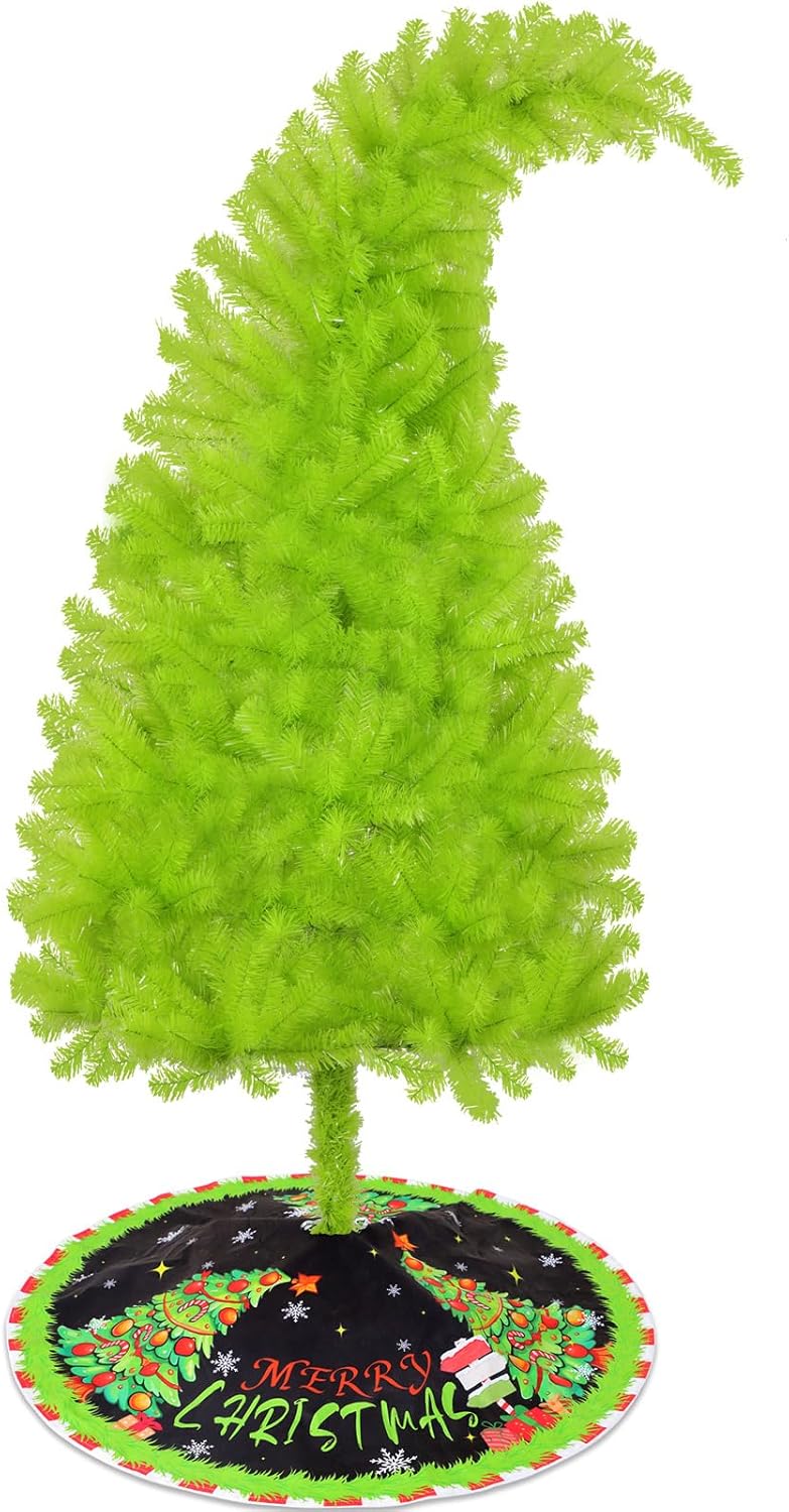 Christmas Tree 6ft, Top Bendable Lime Green Xmas Tree with Tree Skirt, Whimsical Artificial Christmas Tree for Christmas Decorations.