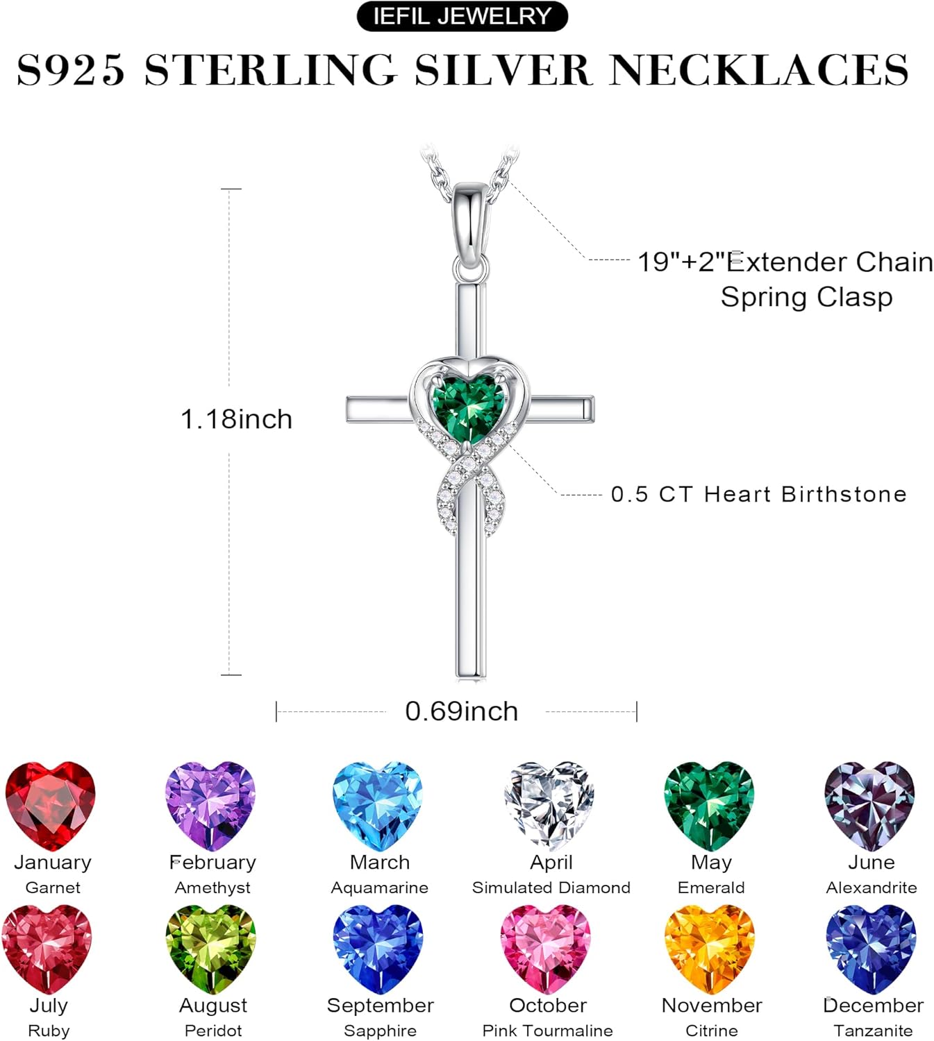 Iefil Cross Necklace for Women - 925 Sterling Silver Birthstone Necklace, Anniversary Birthday Gifts for Women Wife - Image 4