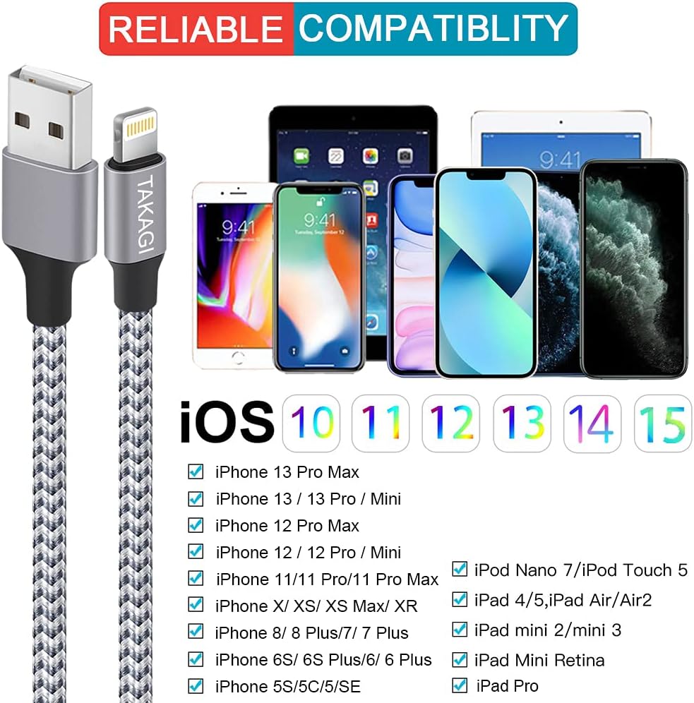 Cheapest 🛒 iPhone Charger, TAKAGI 3Pack 6FT Nylon Braided Lightning to USB Cable Power Fast Charging Data Sync Transfer Cord[Apple MFi Certified]Compatible with iPhone13 12 11 Pro Max XS XR X 8 7 Plus 6S SE iPad