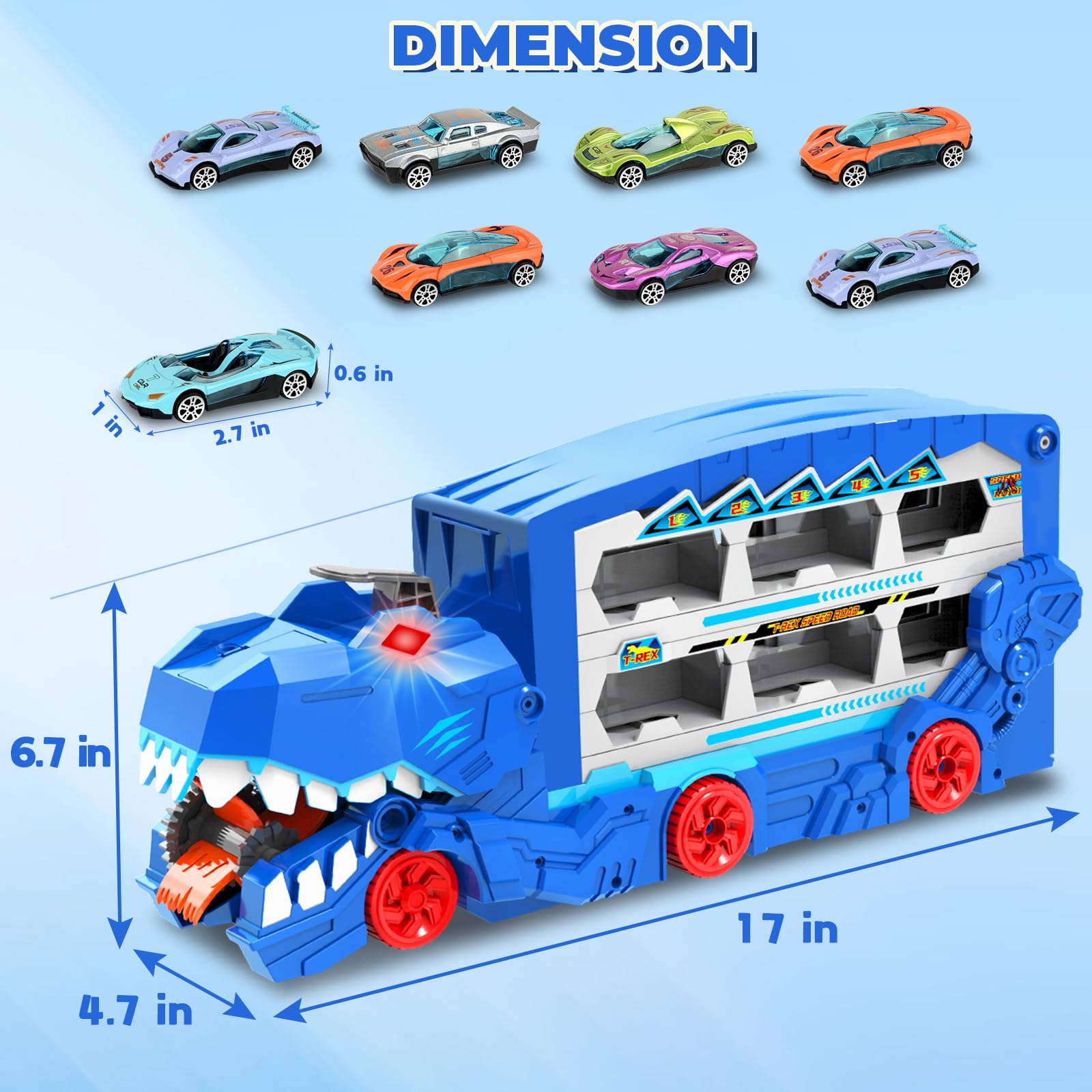 Ultimate Transporter - Juego de juguetes de pista de carreras de dinosaurios para niños, camión portador de 6 pies con 8 coches de juguete de metal fundido a presión, coche de carreras con