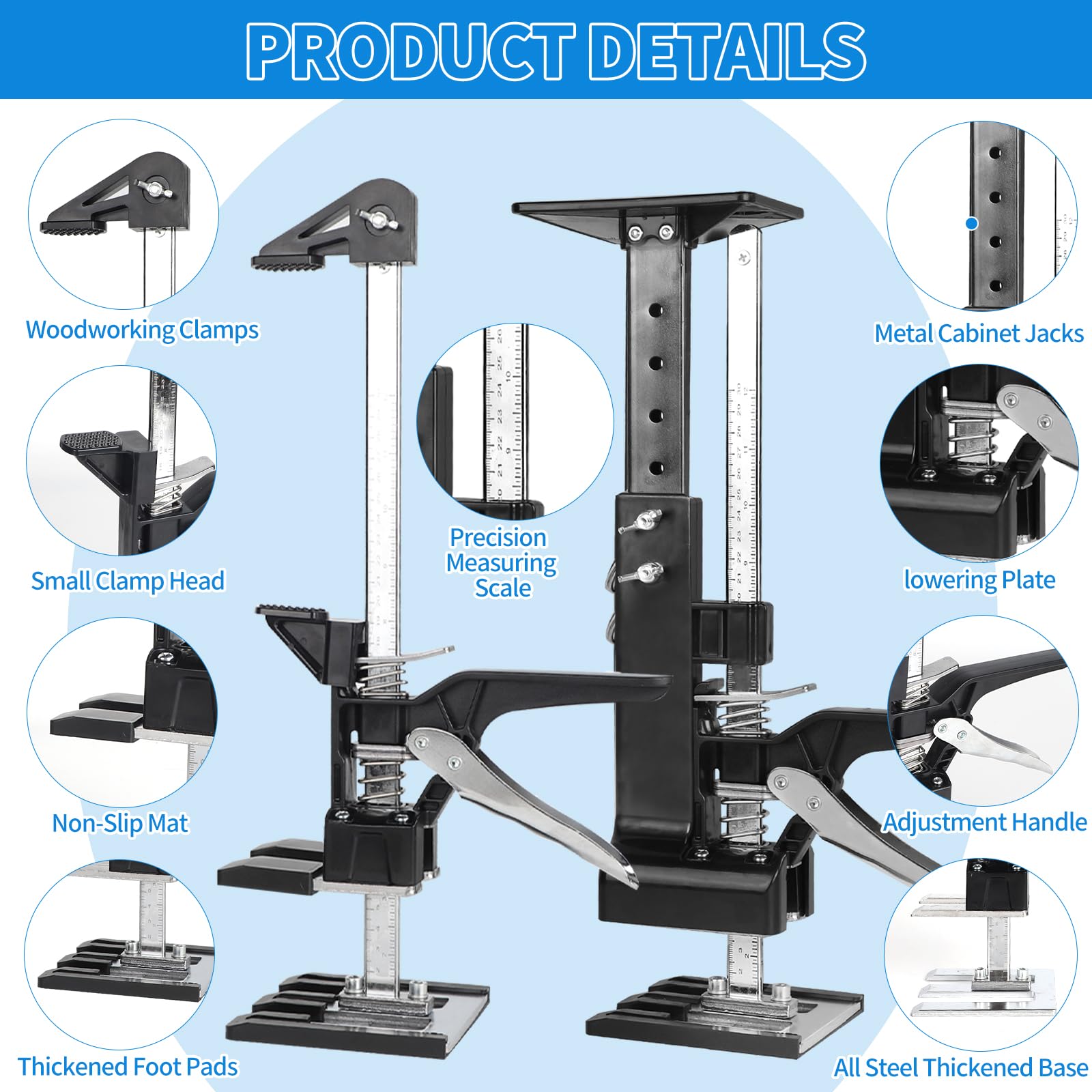 DBREAKS 3-in-1 Multi Arbeitssparender Arm mit Skala, 2Pcs 38CM Multifunktionale Handhebewerkzeug Bis zu 220 kg mit Metall-Schrankwagenheberstützstange & Holzbearbeitungsklemmen, Arm Handwerkzeug Heber