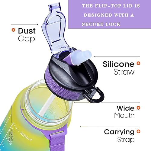 Miniatura 3 de Botellas de agua motivacionales de 32 onzas con tiempos para beber y pajita, botella a prueba de fugas sin BPA con marcador de tiempo para