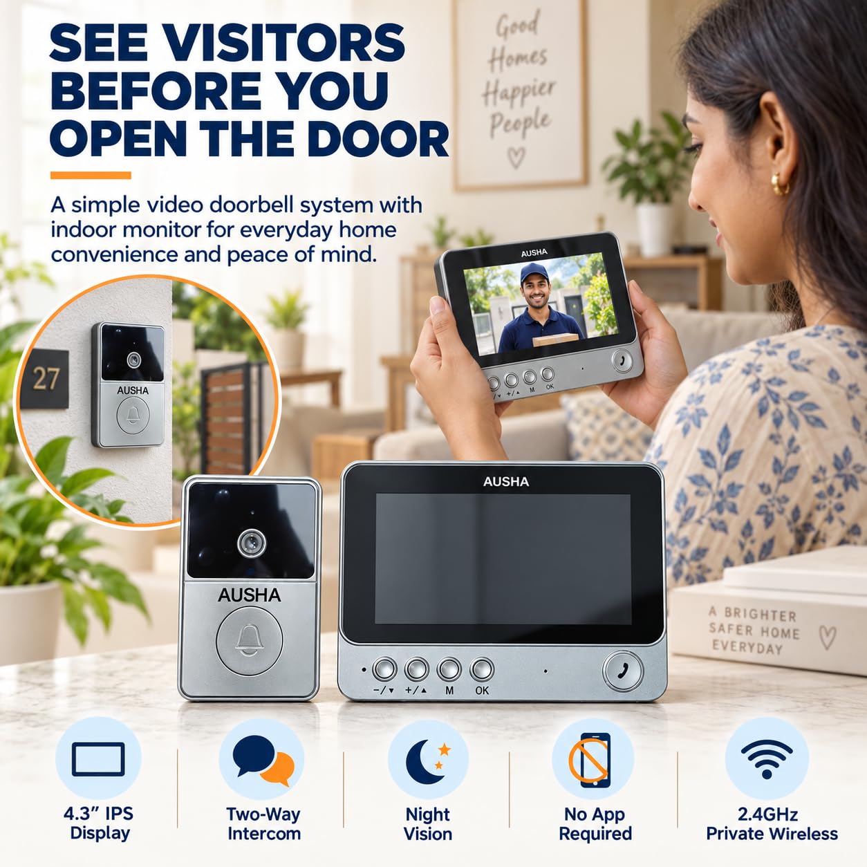 Ausha Wireless Video Doorbell with Color Display -2