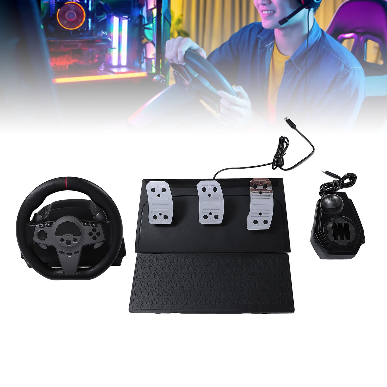 AKLOSIPY Volante da Gioco Dinamico a LED con Pedali, Rotazione di 270° per PC e Esperienza di Corsa su