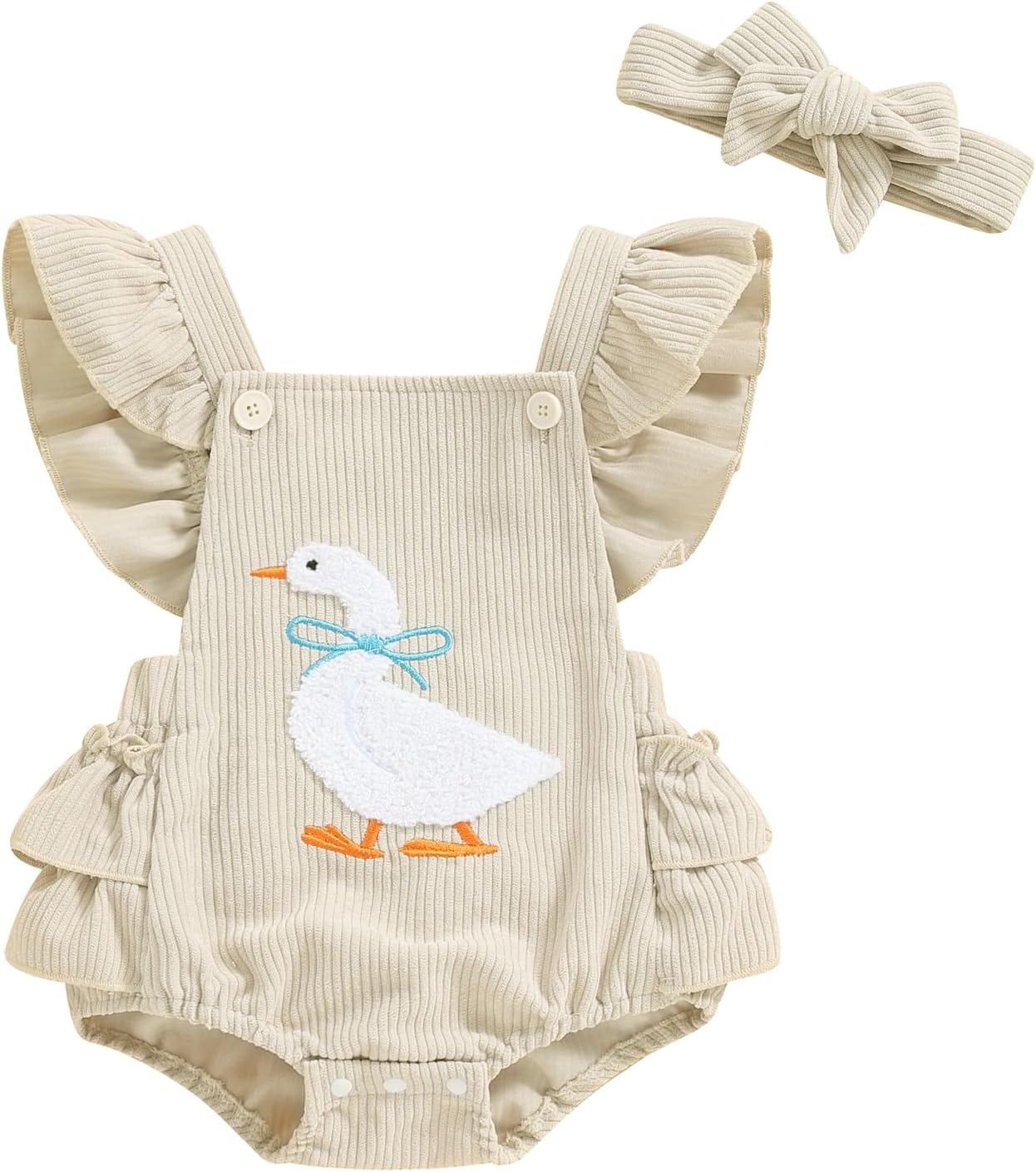 Baby Girl Goose Romper Outfit Corduroy Overalls Ruffle Bodysuit Headband Farm Fall Silly Goose Birthday Clothes