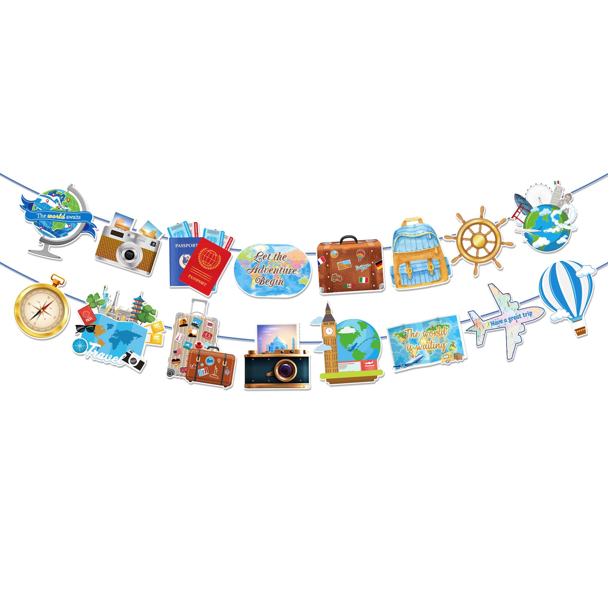CC HOME Travel Happy Birthday Banner Globe Camera Airplane Party Hanging Banner Travel World Theme Birthday Bridal Wedding Baby Shower Boys Girls Kids Home Classroom Party Supplies Decorations