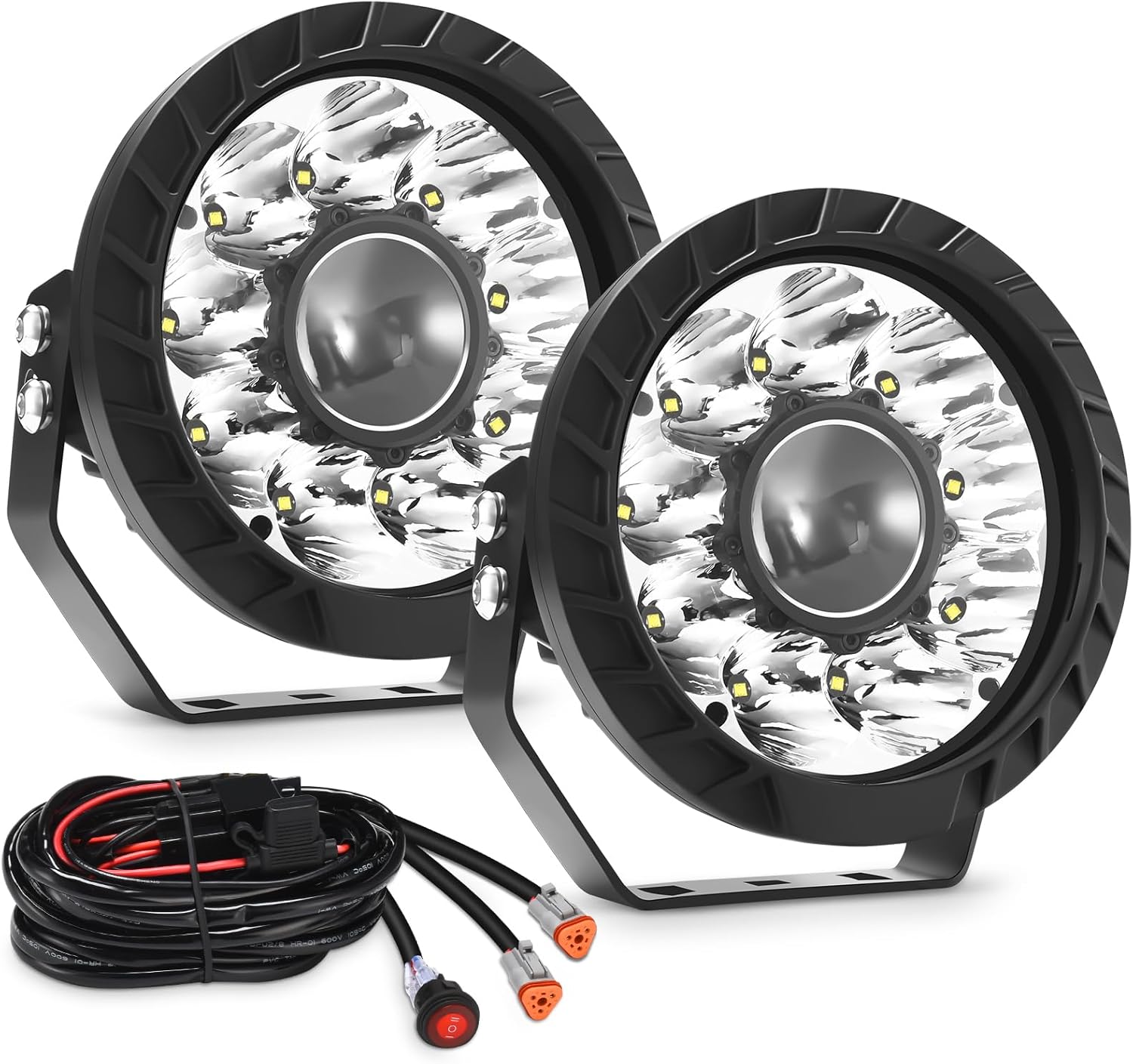 Audak Round LED Offroad Lights 7 Inch 65W Spot Beam LED Driving Light with Wiring Harness Kit for Off Road 4x4 Car Pickup Truck ATV