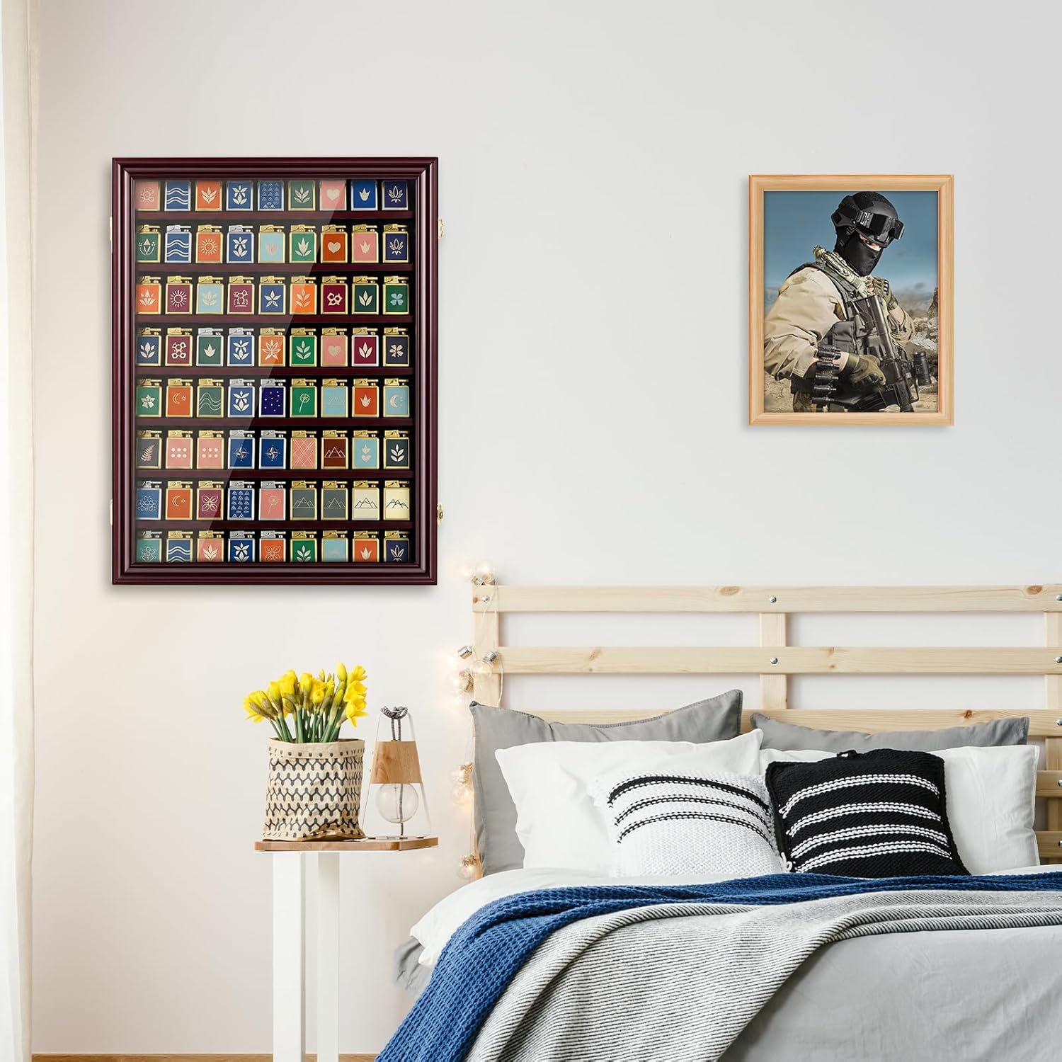 80 Lighter Display Case Wall Mount Display Case for Lighter Detachable Wooden Cabinet W/98% UV Acrylic Door Lockable Spoon Storage Box for Collection, 22.44 x 16.93 x 1.97 Inch, Cherry Finish