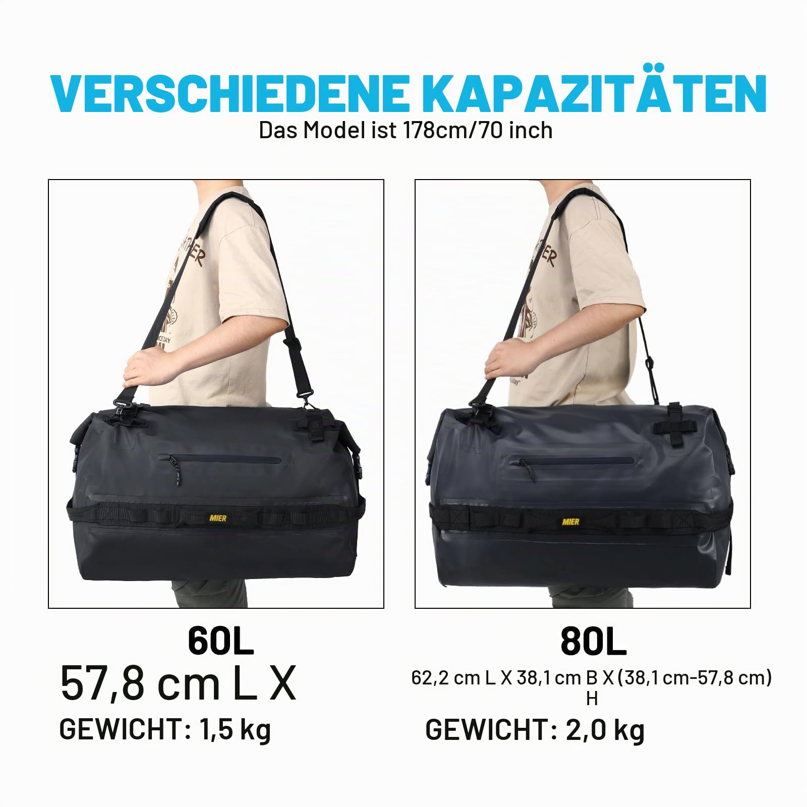 MIER wasserdichte Reisetasche 60L, Dry Bag Rolltop, Duffle Bag, Schwarz | Frontfach für schnellen Zugriff, reflektierende Streifen, Befestigungsriemen für Motorrad, Kajak und Gepäckträger