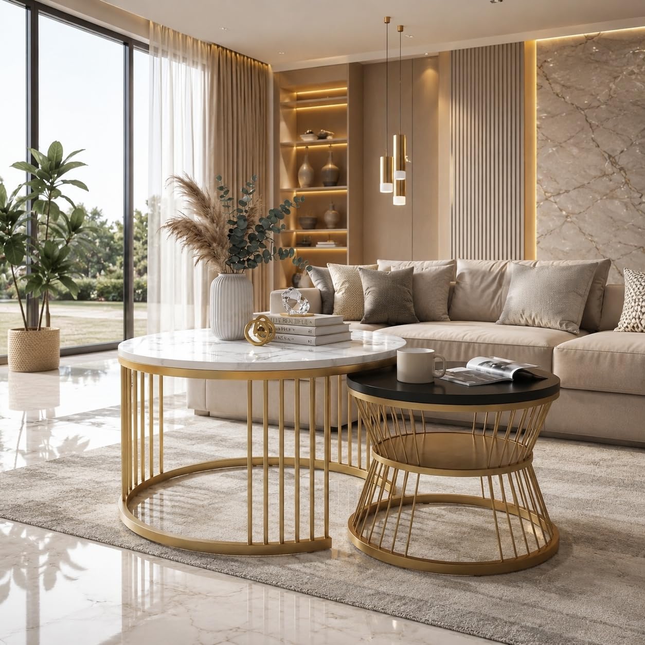 Round Coffee Table/Sofa Table/Center Table with Waterproof Marble Finish, Wooden Top (White & Gold) (Modern)-picture-30