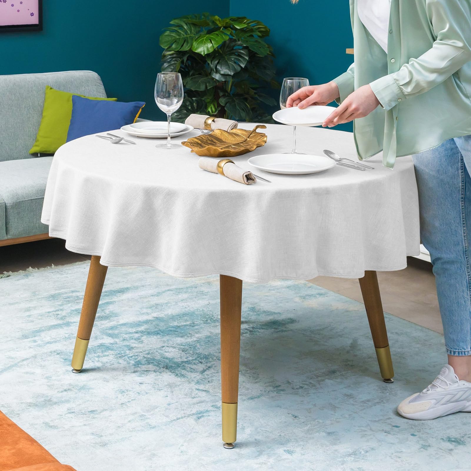Nappe lavable ronde 140 cm en polyester blanc anti-pli pour fête