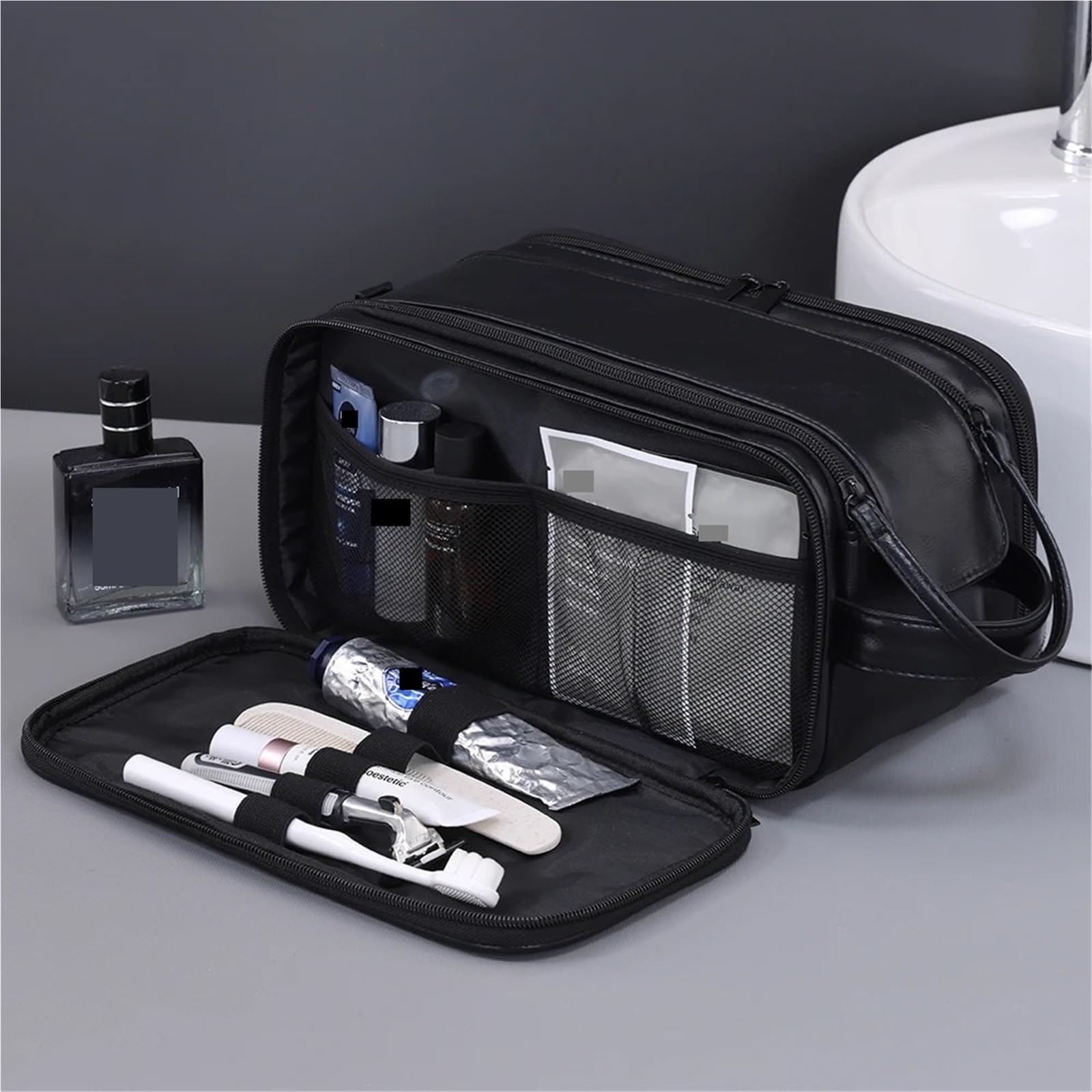 Borsa Toilette da Viaggio Borsa da toilette multitasche in PU for donne e uomini, essenziale viaggio, borsa for il trucco, impermeabile appendere, organizer for cosmetici lavaggio(Brown)