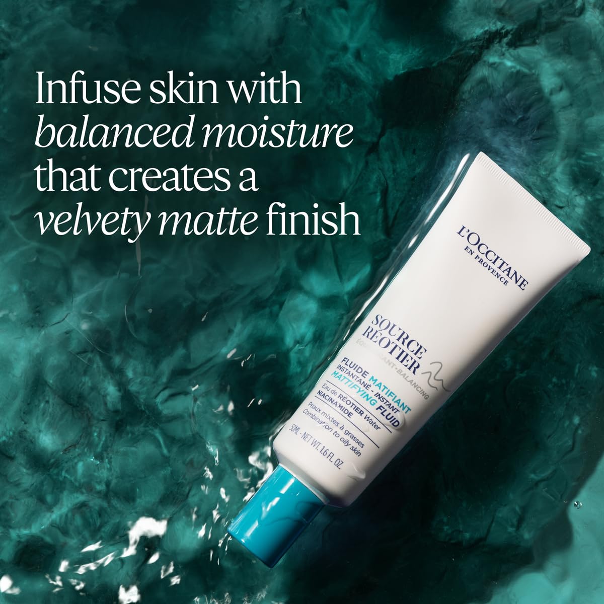 L'OCCITANE Source Reotier Mattifying Fluid: With Hyaluronic Acid & Niacinamide, Velvety Matte Finish, For Combination to Oily Skin, 1.6 Fl. Oz