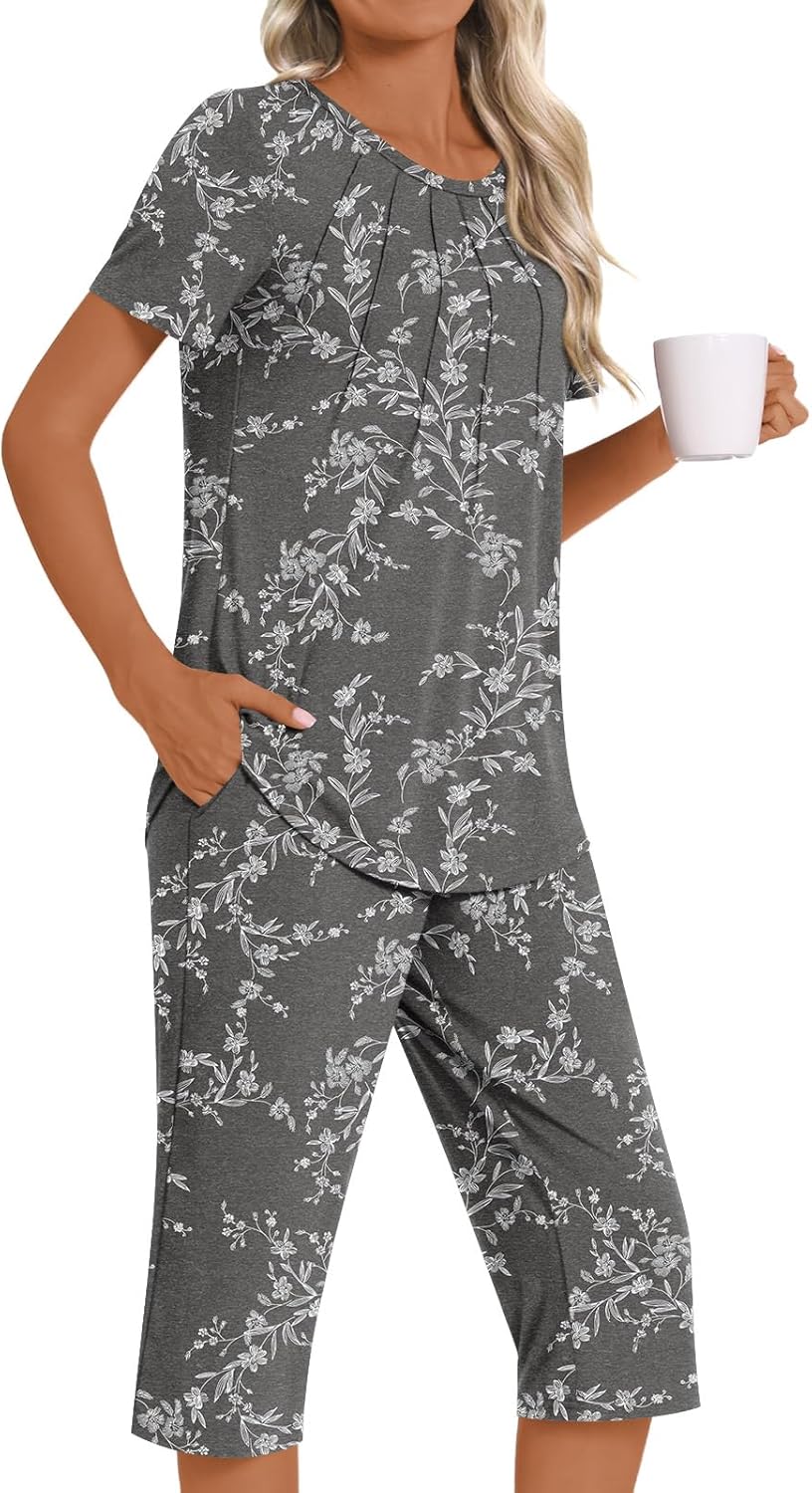 Womens Summer 2 Piece Pajama Sets 2026 Casual Loungewear Short Sleeve Sleepwear with Pockets - Image 3