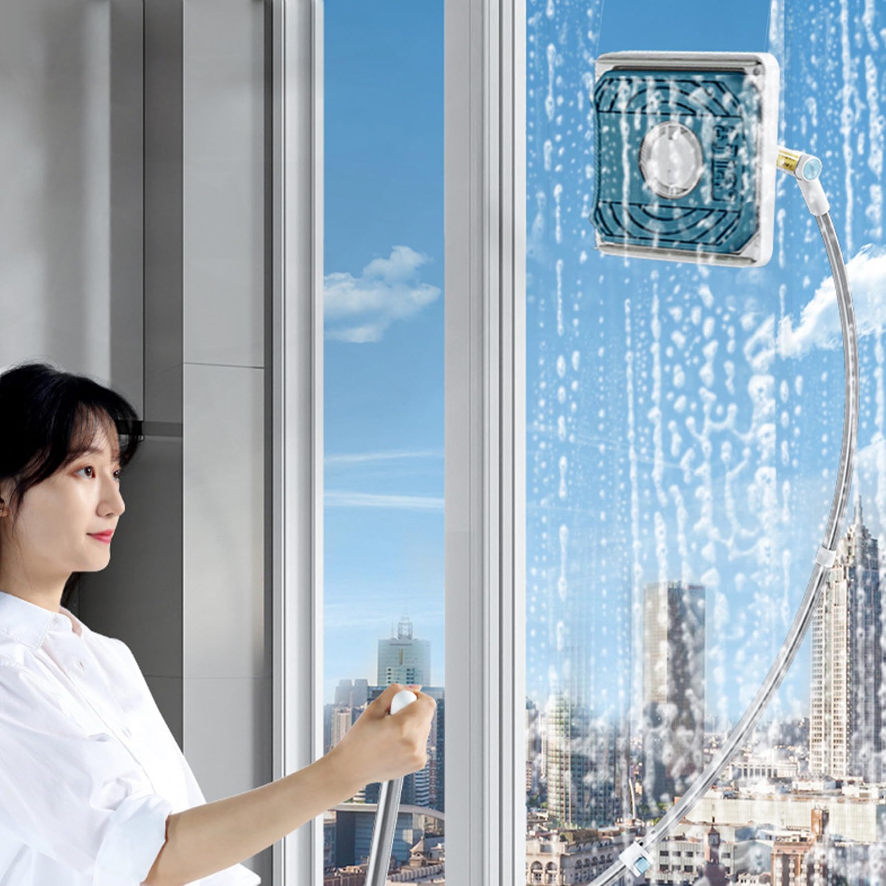 Herramienta de limpiador de ventana exterior, limpiador de ventanas extensible 2 en 1 con cabezal giratorio de 360 ​​°, limpiador al aire libre extraíble, limpiador de ventanas de doble cara