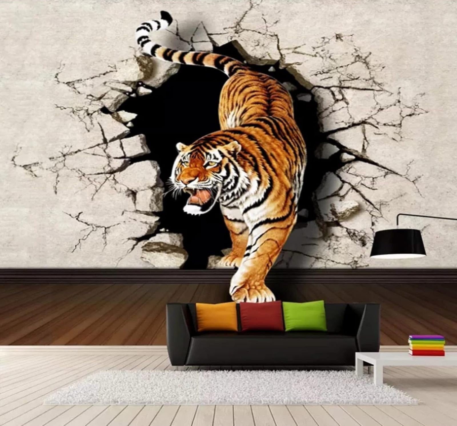 XLMING Minimalist Three Dimensional Tiger Breaking Through A Wall Unique 3D Wallpaper Luxury Home Dining Decor Paste Sofa Living Room The Wall for Bedroom Mural-400cm×280cm