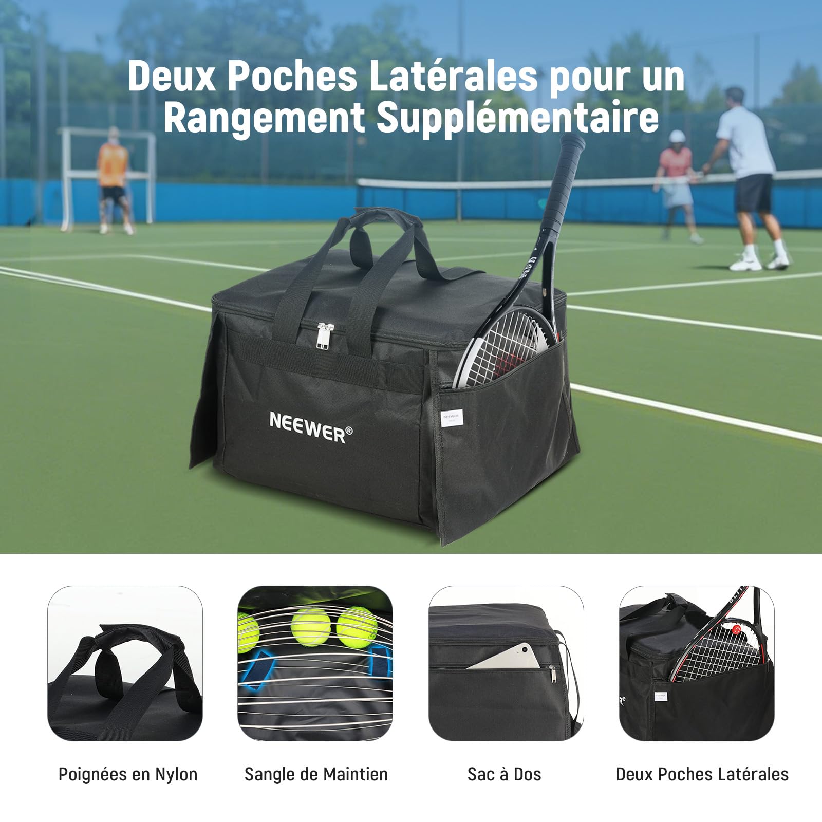 NEEWER Sac de Transport pour 110 Balles de Tennis & Pickleball Polyester Robuste pour Chariot ramasseur TB01S, Panier Caddy Léger & Portable pour Baseball & Golf avec Poches Latérales, TB01B