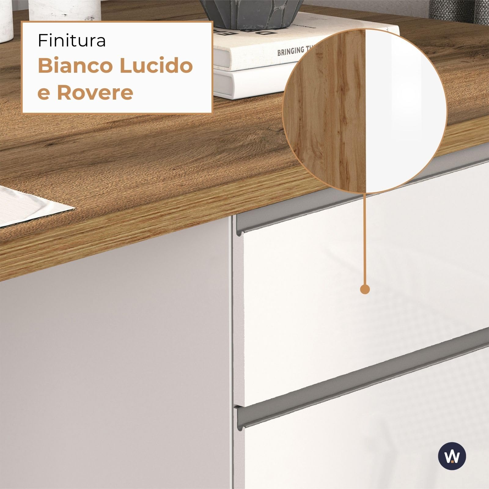 WHOUS Isola Cucina SOLE con 2 Ante e 2 Cassetti, Tavolo da Pranzo e Piano di Lavoro, Ideale per Open Space e Spazi Ridotti, 160x90x90 cm, Bianco Lucido e Rovere