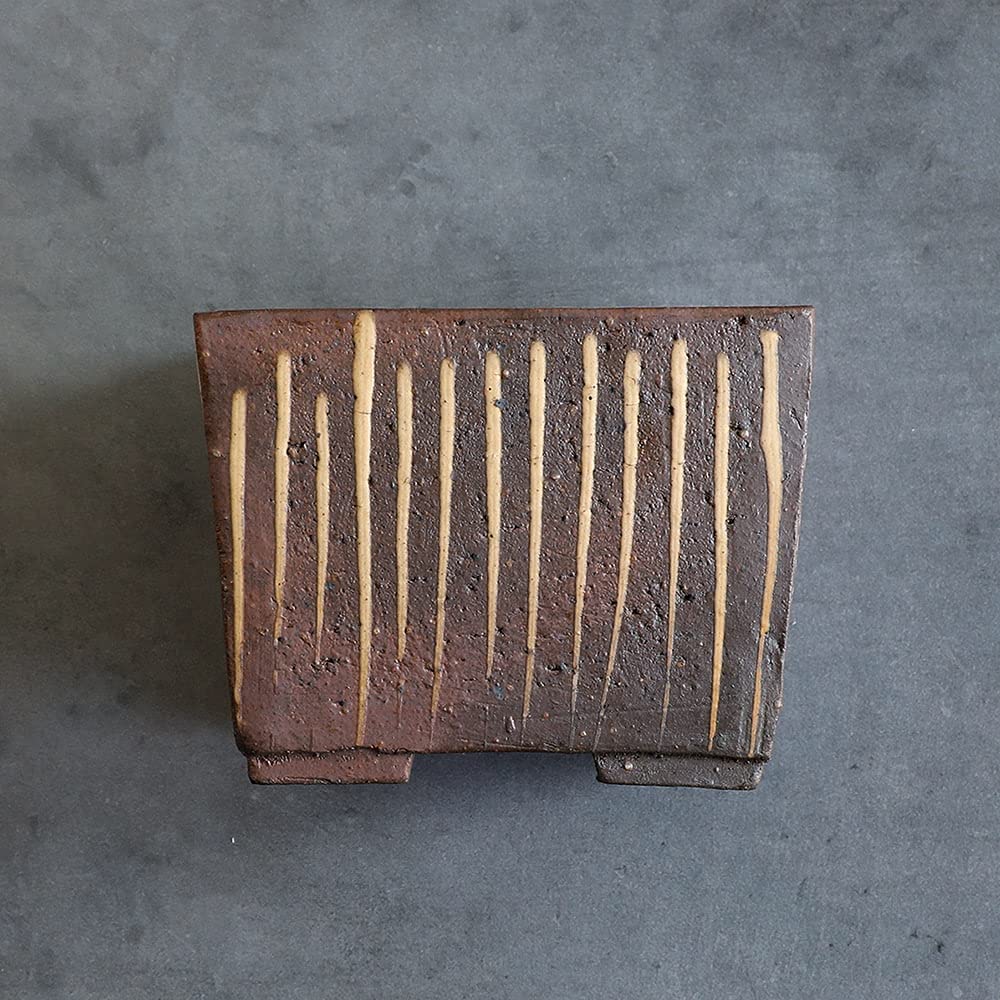 Wazakura Tokoname Series Petit Pot à Bonsaï et Fleurs, Design Carré Rayé, Fait à la Main avec Trou de Drainage 105 mm, Fabriqué au Japon, Récipient de Jardin en Céramique et Décoratif – Marron