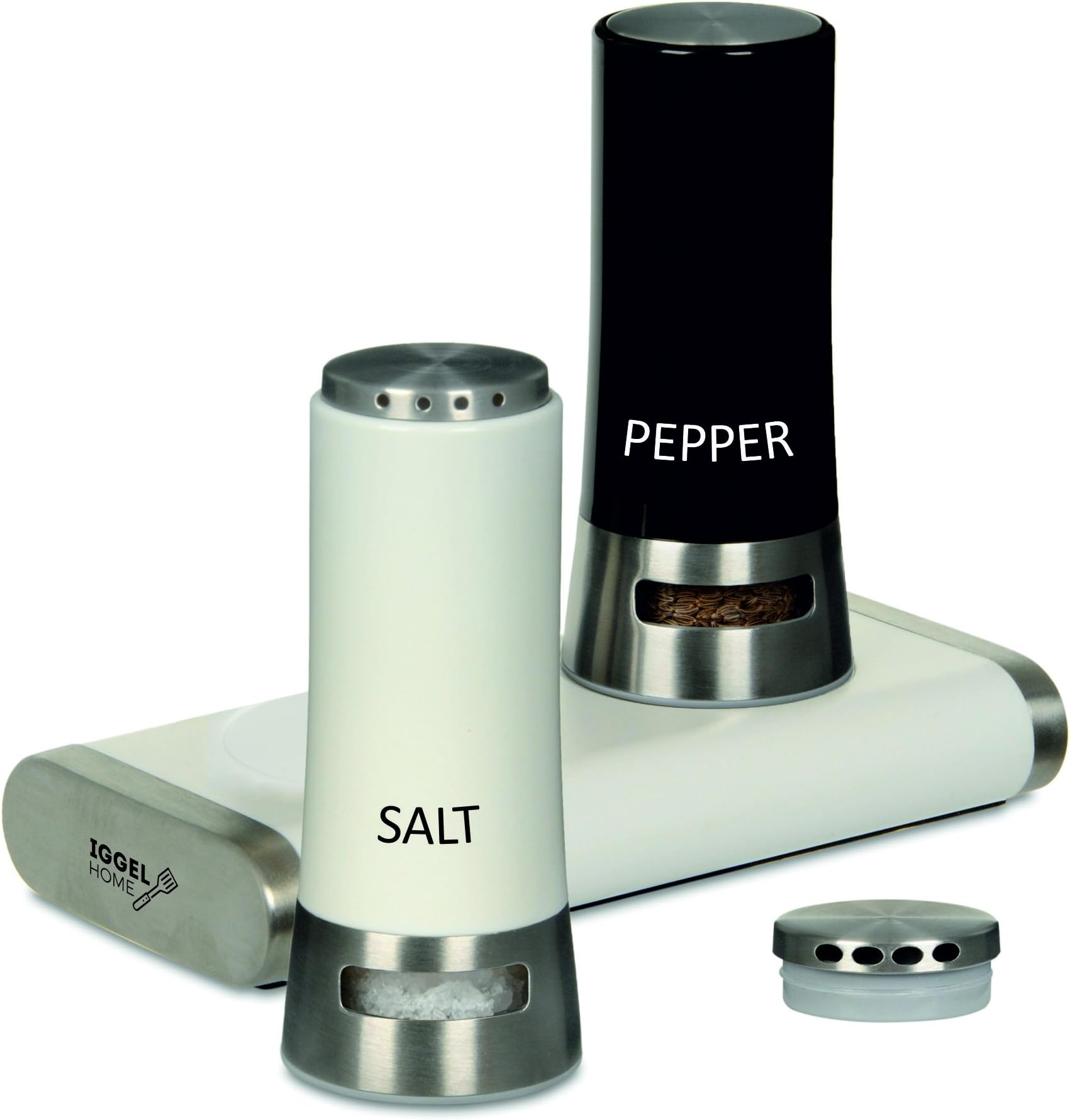 Salt and Pepper Shaker Set - MAGNETIC Open Close Mechanism, Easy Flow of Herbs, Adjustable Pour Holes, Mess Free, Modern Design (Black, White)