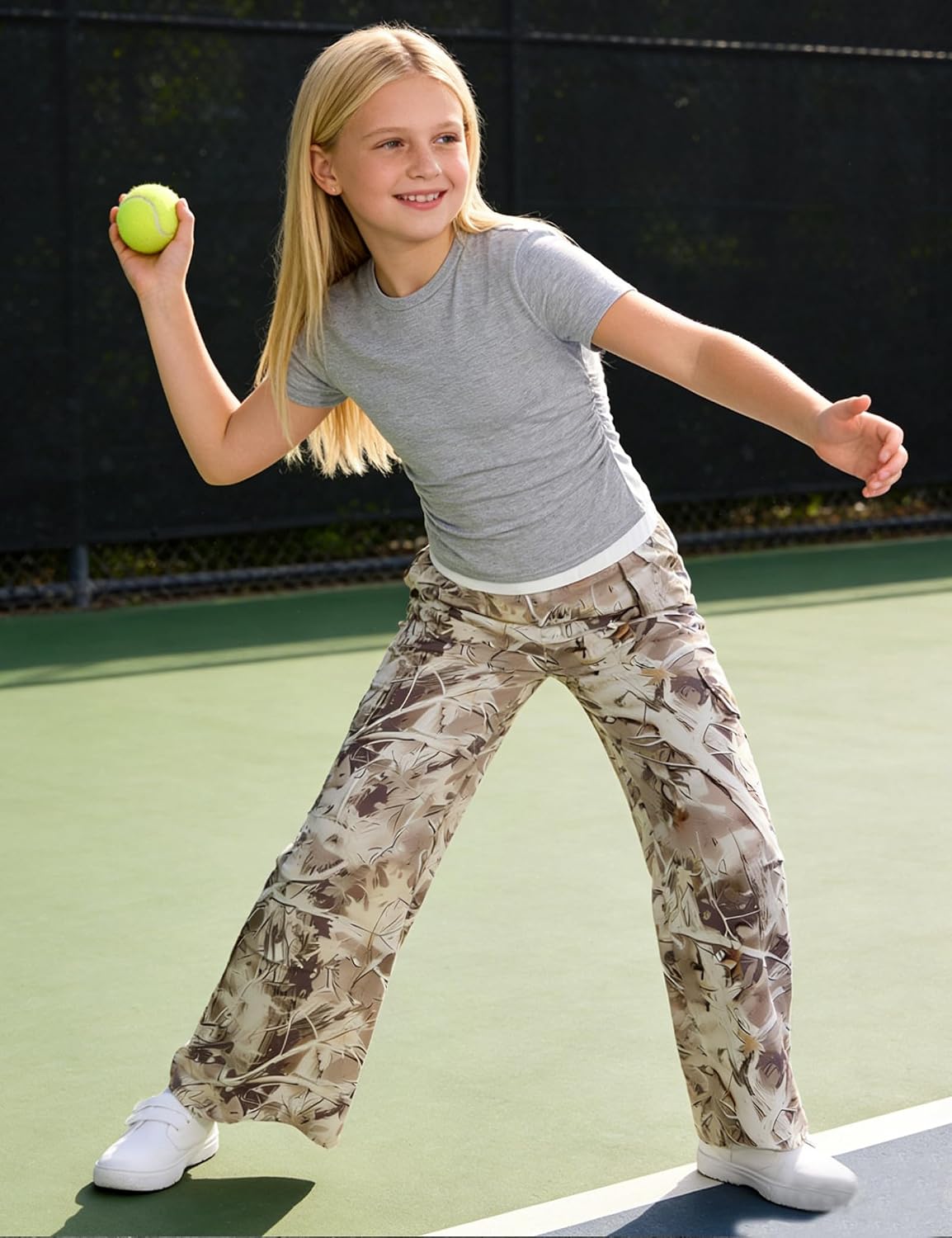 Girls Clothes 2PC Summer Outfits Pleated Short Sleeve Top and Camo Wide Leg Pants Set Kids Clothes Girls 6-16 Year