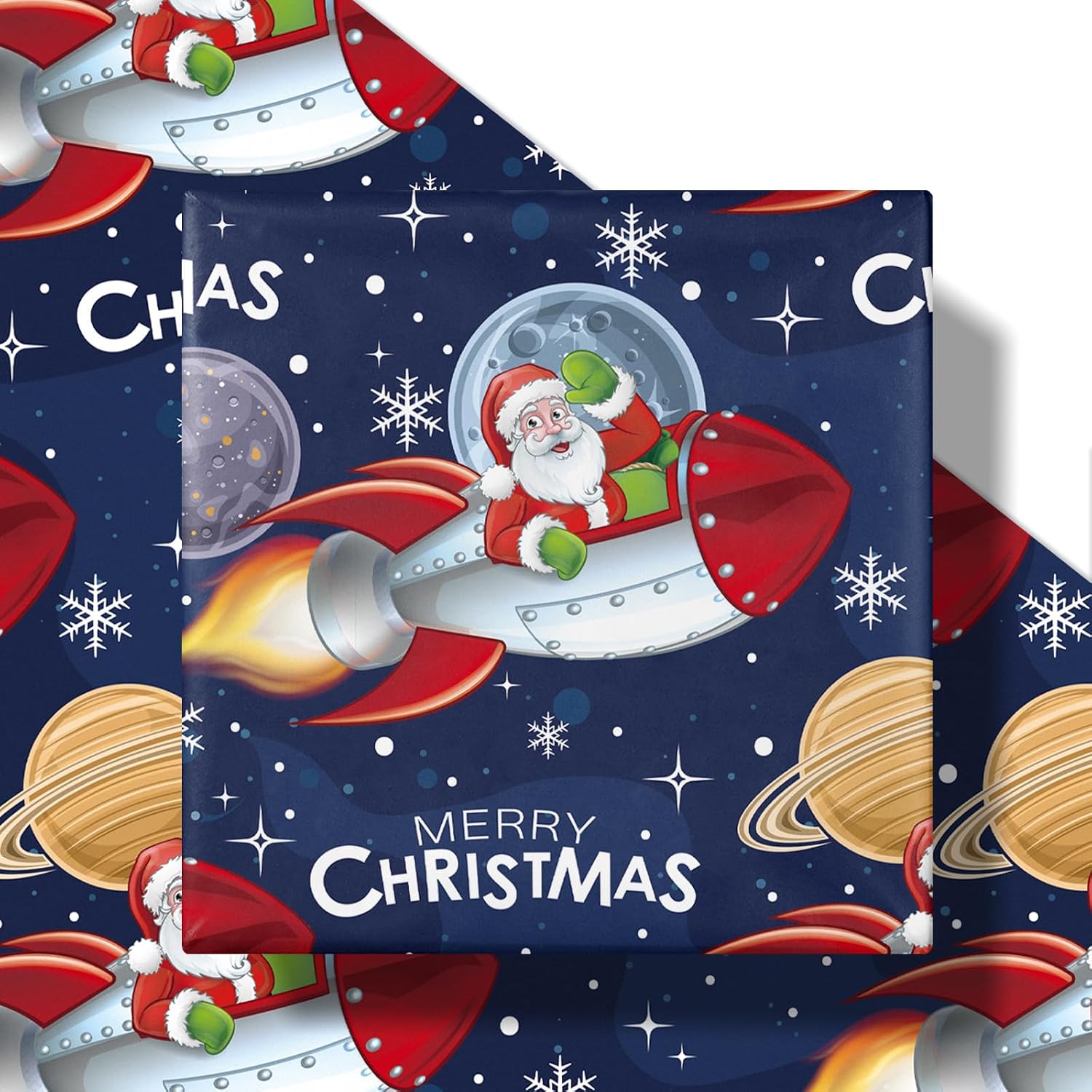 RUSPEPA Space Santa Christmas Wrapping Paper Roll for Boys Girls, Mini Roll, Santa in Rocket with Snowflake Galaxy Background, Fun Gift Wrap for Kids and Teens Holiday Gifts, 17 Inches x 16.4 Feet image 2