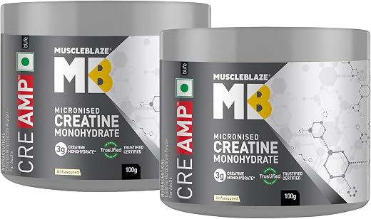 MuscleBlaze Micronised Creatine Monohydrate CreAMP Powder, 2 x 100g | Unflavoured, 32 Servings | Trustified Certified Crea...