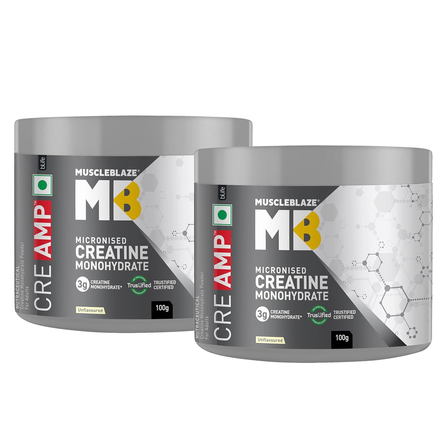 MuscleBlaze Creatine Monohydrate CreAMP™ (Unflavoured, 32 Servings, 100g) | Pack of 2