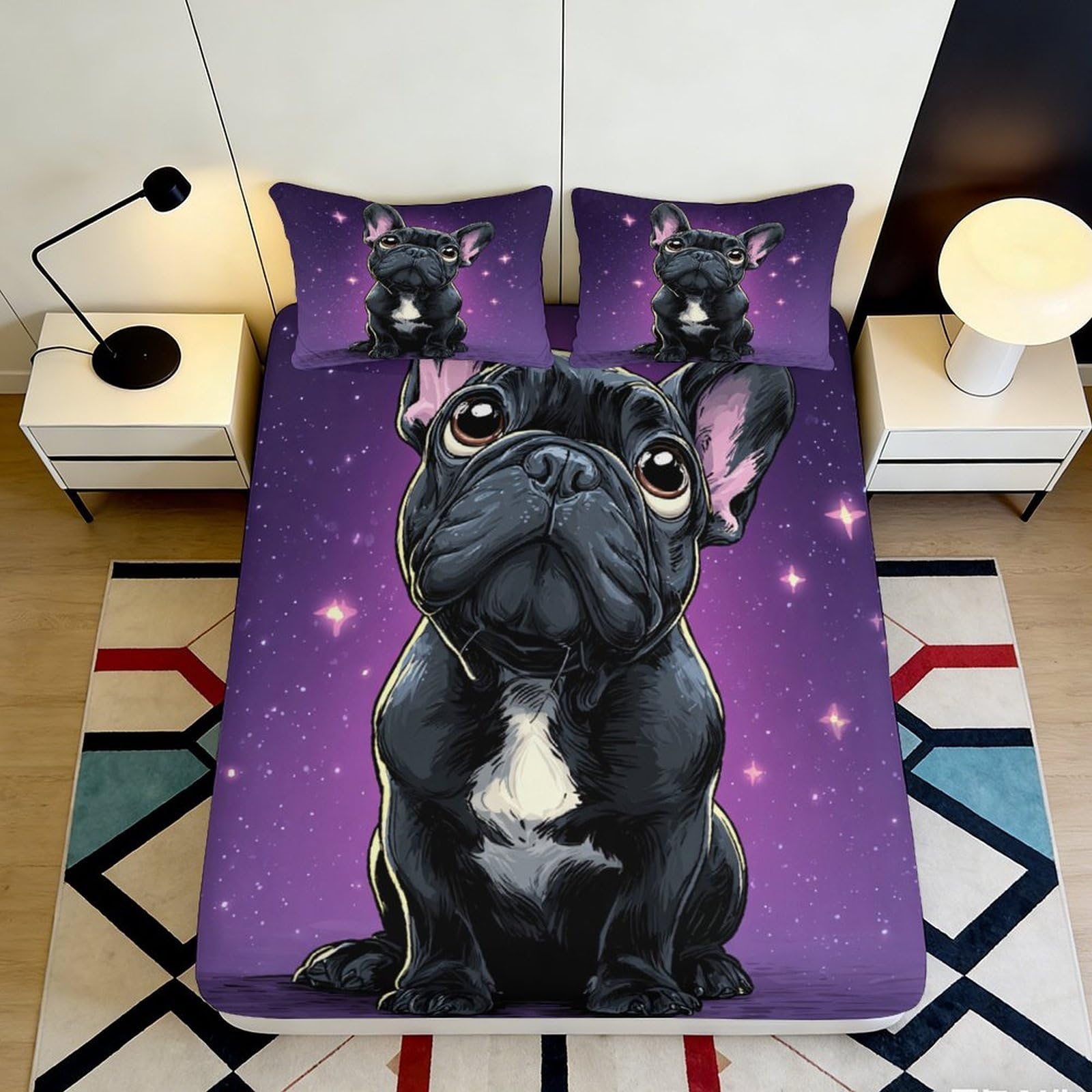 Uxinyoume Style-4 3D Printed Black French Bulldog Fitted Sheet Microfiber Purple Cartoon Bed Sheet For Bedroom Decor Mattress Protection 90X200x25cm