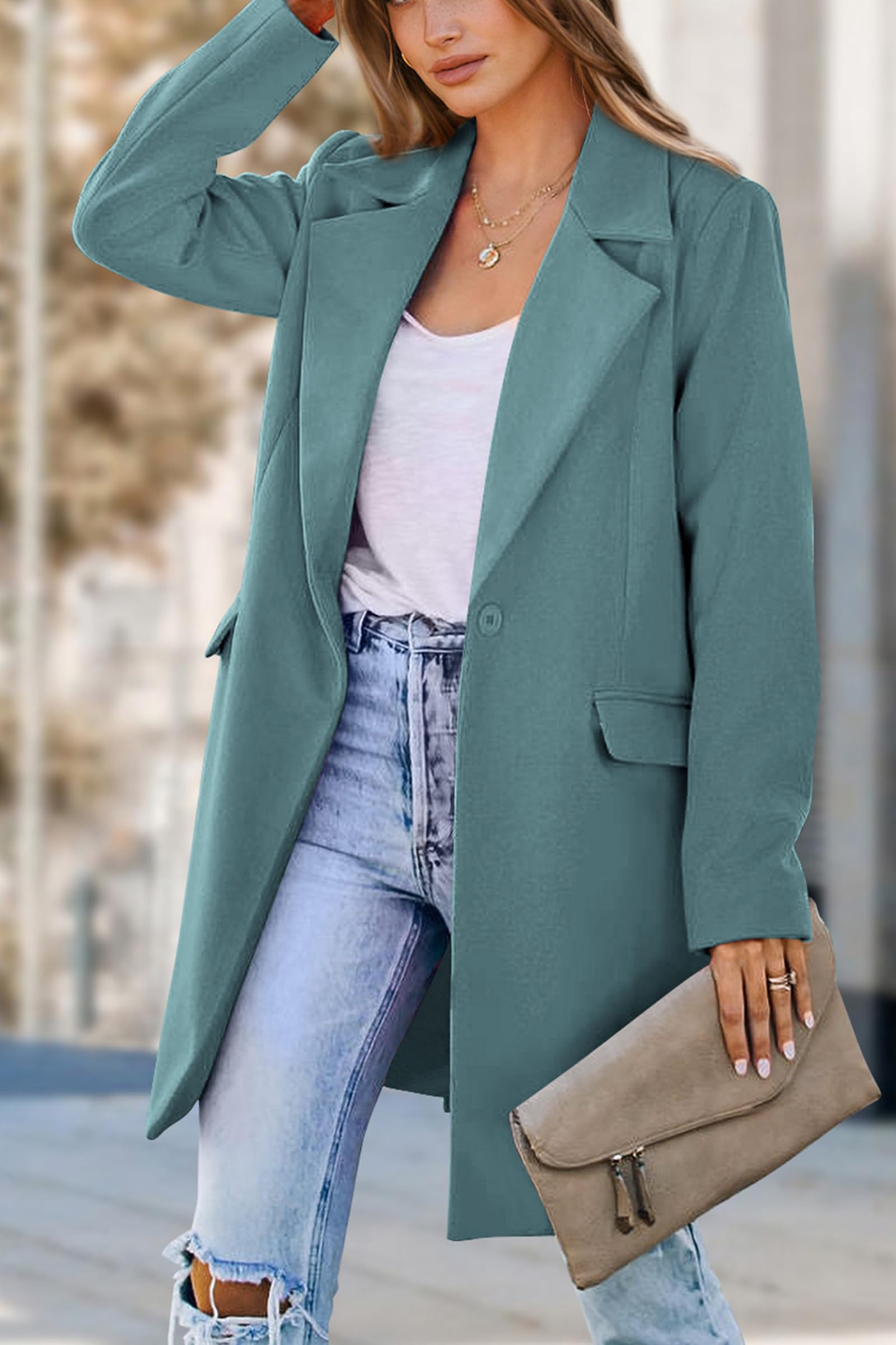 PRETTYGARDEN Women's Business Casual Long Blazer Jackets(Blue Green,S) view 8