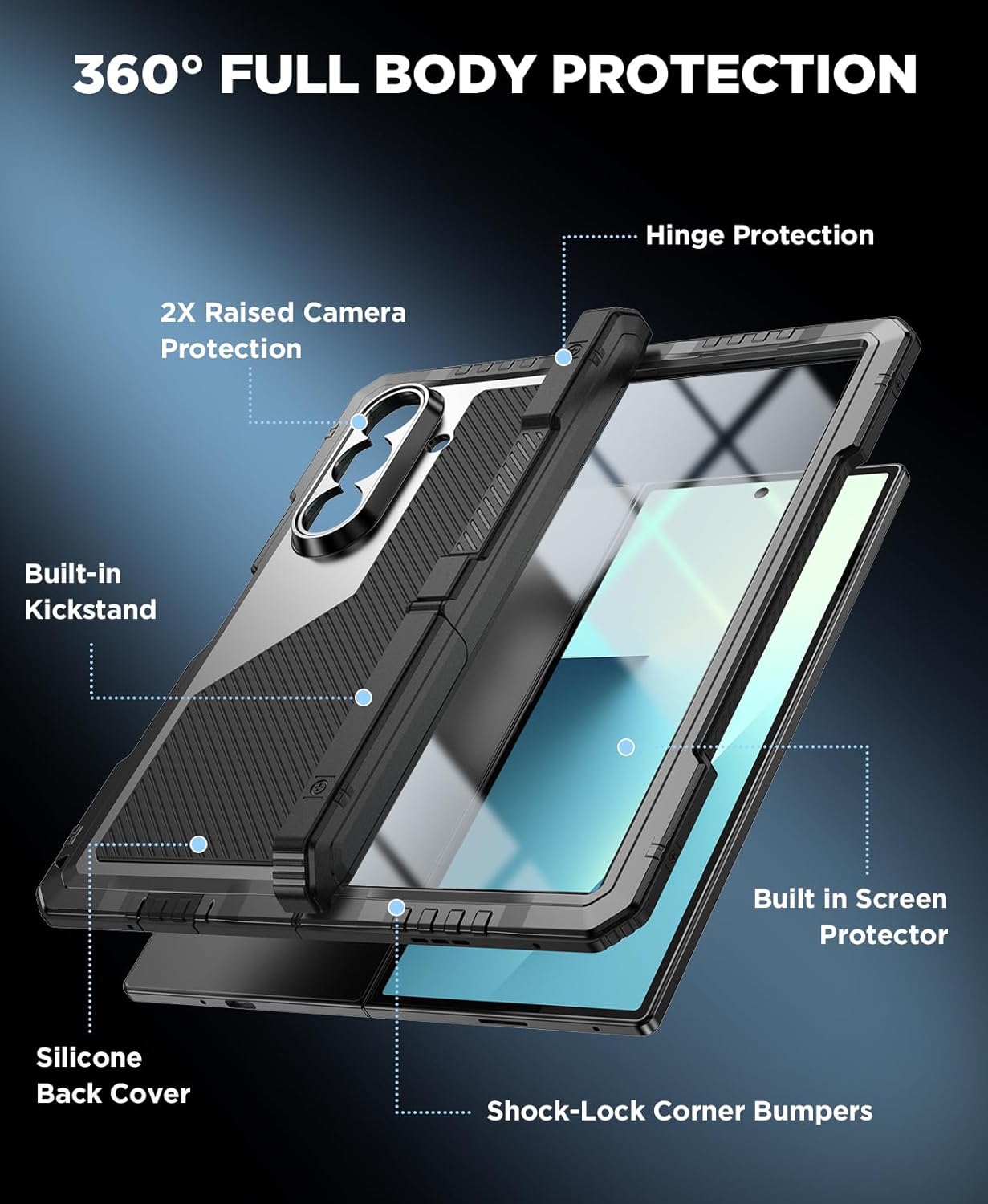 Mitywah for Samsung Galaxy Z Fold 7 Case with Stand, Heavy Duty Full Body Rugged Case with Kickstand, Military Grade Shockproof Armor Cover with Built in Screen Protector, Black