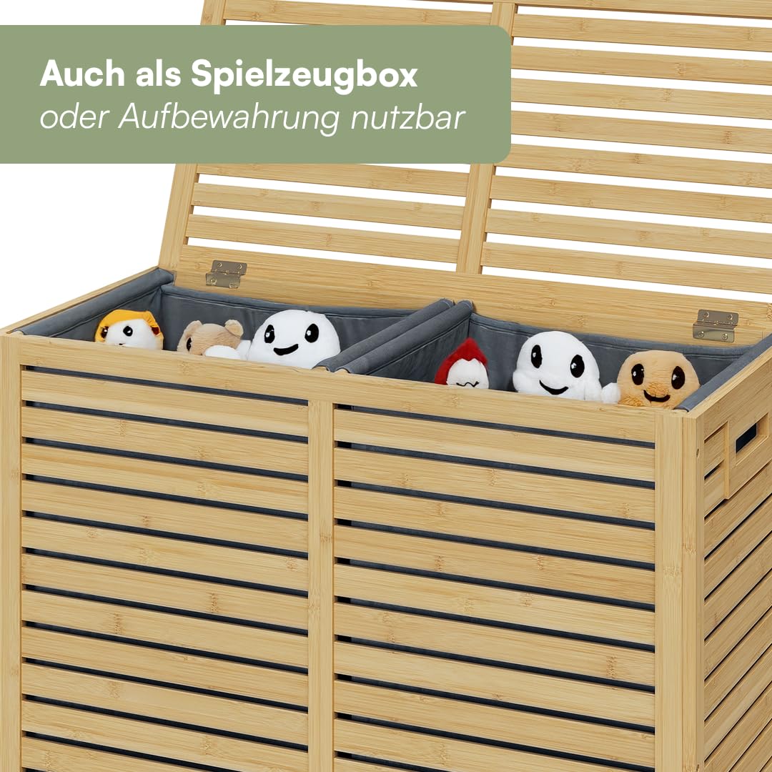 Bellamio Newa Wäschekorb aus Bambus – Wäschesammler mit 2 Fächern je 60 L – Wäschetonne mit Deckel – Wäschesack herausnehmbar & waschbar aus Oxford Gewebe – Wäschetruhe – Wäschebox 62x33x70 cm (HxTxB)