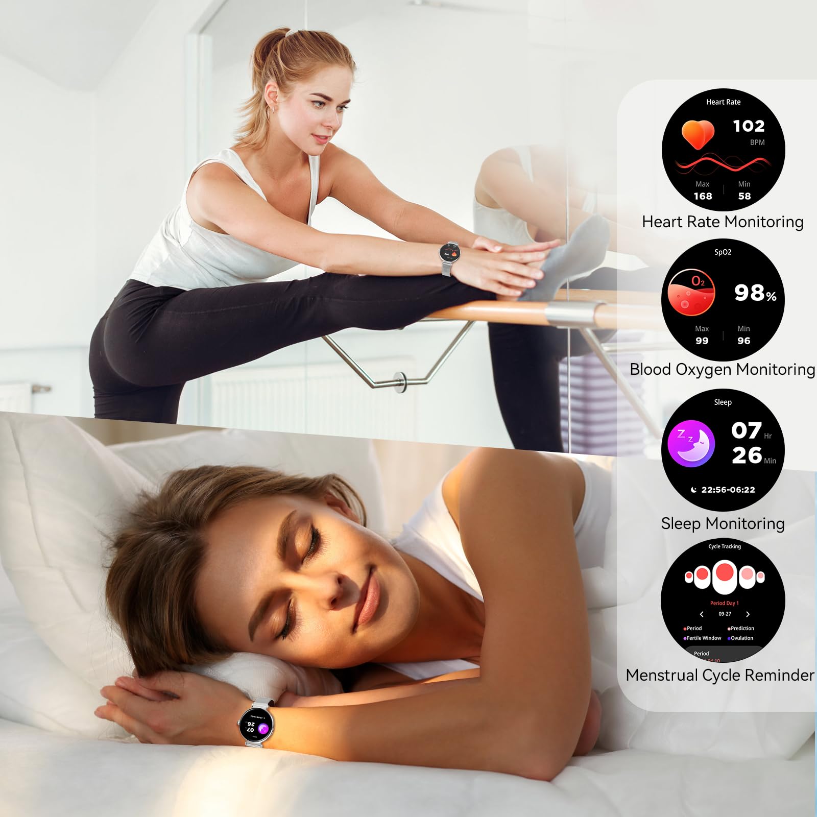 Bebinca Orologio da donna con funzione telefono, touch screen quadrato HD da 1,32", tracker fitness, impermeabile IP68/frequenza cardiaca/120+ modalità sport per Android iOS (Argento)
