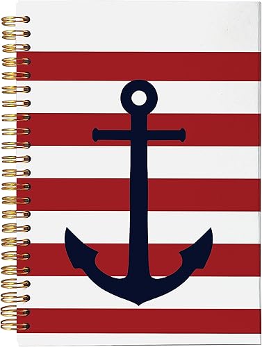 Cuaderno náutico vintage con diseño de ancla para volante de barco, rayas rojas, cuaderno en espiral de 8.3 x 5.5 pulgadas, tapa dura, con rayas