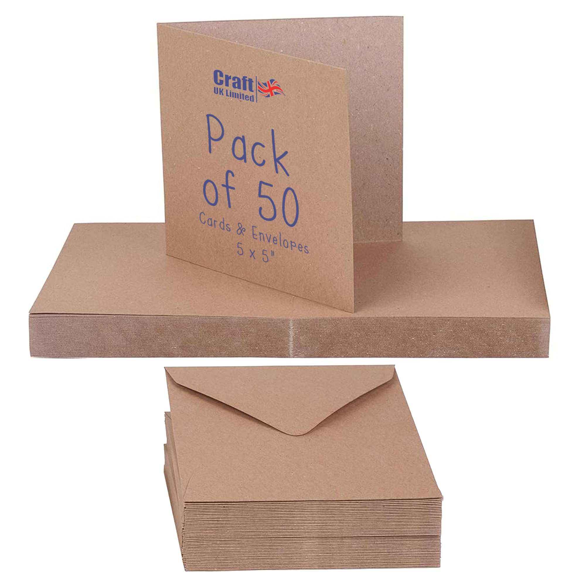 Craft UK 2050 5 x 5 inch Kraft Card and Envelope pack of 50 - Brown