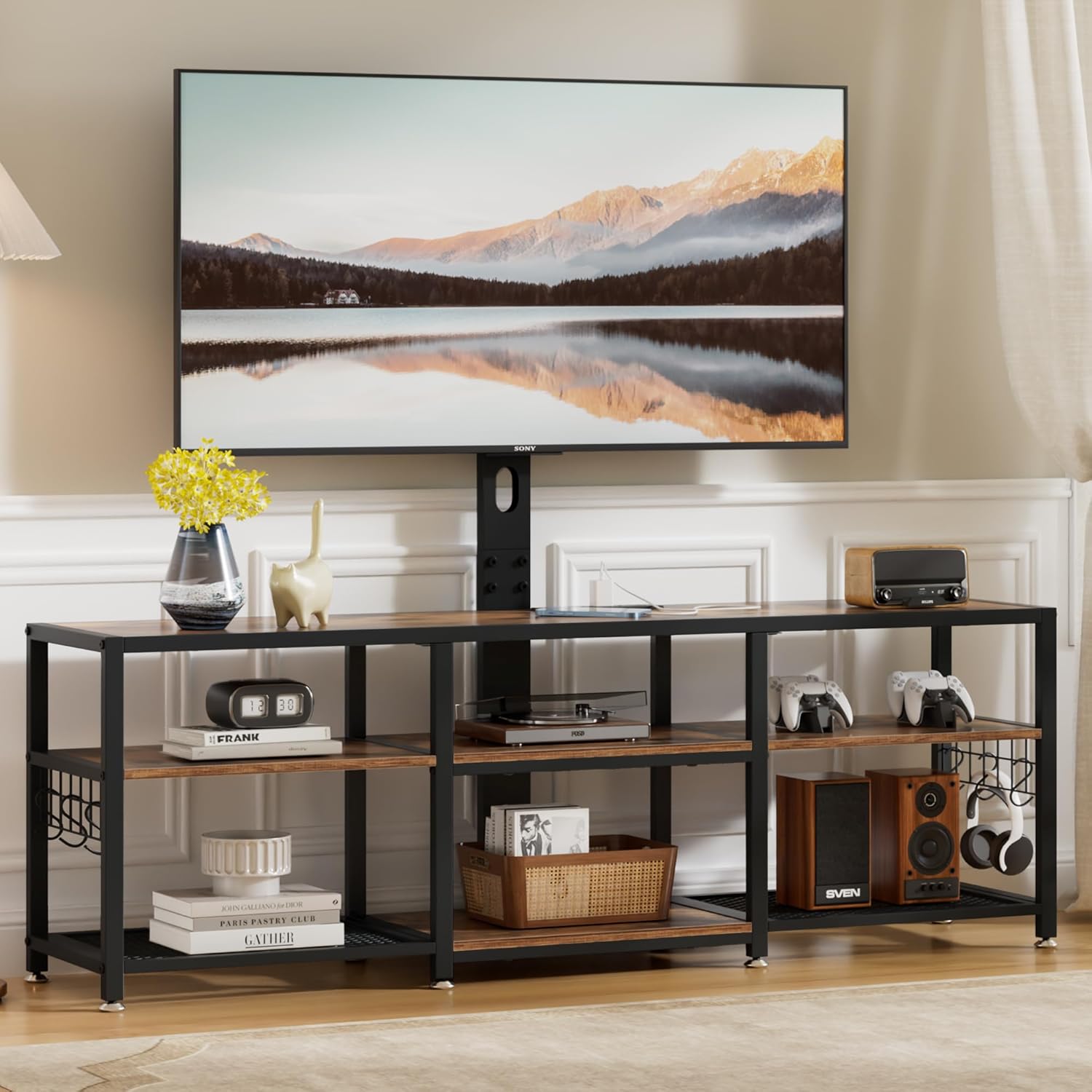 VECELO TV Stand with Mount and Power Outlets, Entertainment Center for 60/65/70/75/80 inch TVs, Height Adjustable Media Console with Storage Shelves, for Living Room, Bedroom, Rustic Brown - Image 3