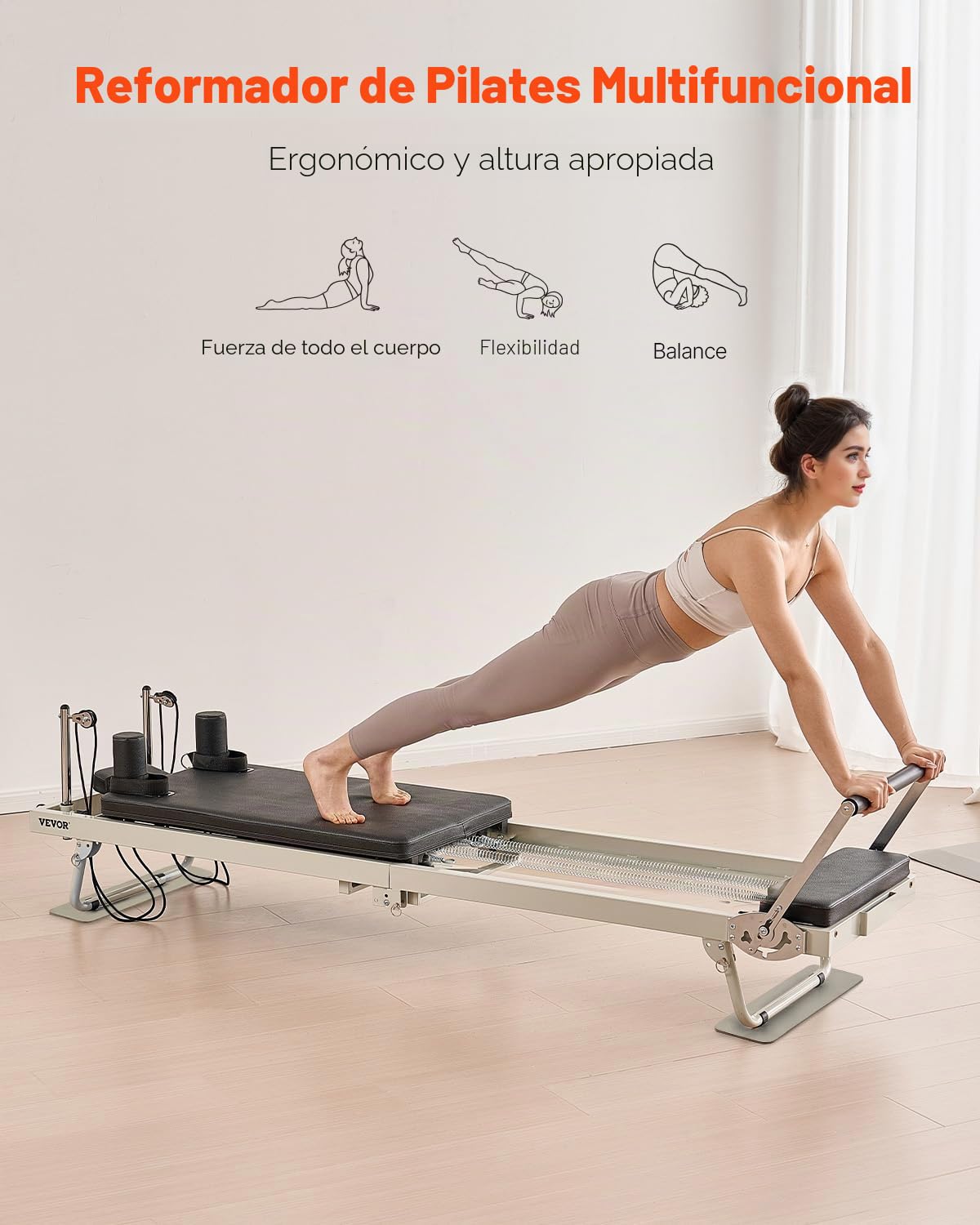 VEVOR Reformer de Pilates Plegable Máquina de Pilates para Gimnasio en Casa Equipo de Pilates Doble Resistencia Resorte y Cuerda Reformador para Avanzados Principiantes hasta 181,4kg, 252x62x77 cm
