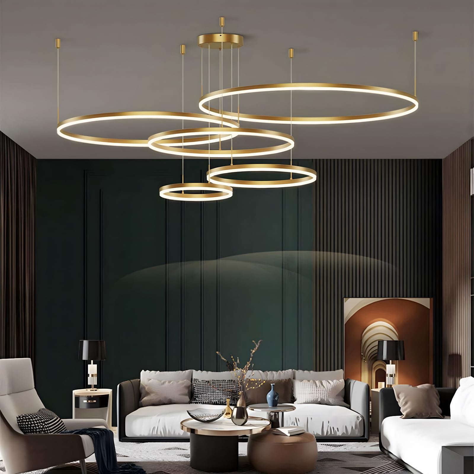 Metall LED Kronleuchter | 5 Kreise 20+40+60+80+100cm | 130W Rings Deckenhängelampe, Dimmbare Fernbedienung 3000–6000K, Acryl Schirm Pendelleuchte, Wohnzimmer Schlafzimmer Esszimmer【Gold】