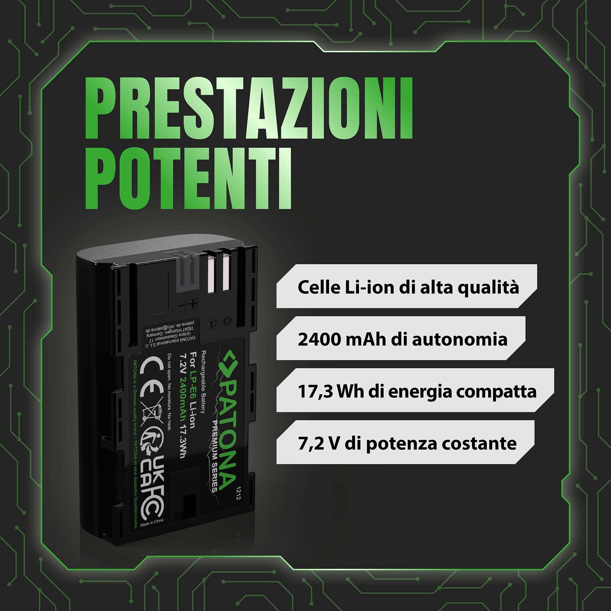 PATONA 2x Premium Batteria LP-E6 2400mAh – ricambio per Canon LP-E6 – compatibile con EOS 5D Mark II/III/IV 5DS 6D 7D 60D 70D 80D 90D R R5 R6 XC10 XC15 – per reflex e mirrorless Canon