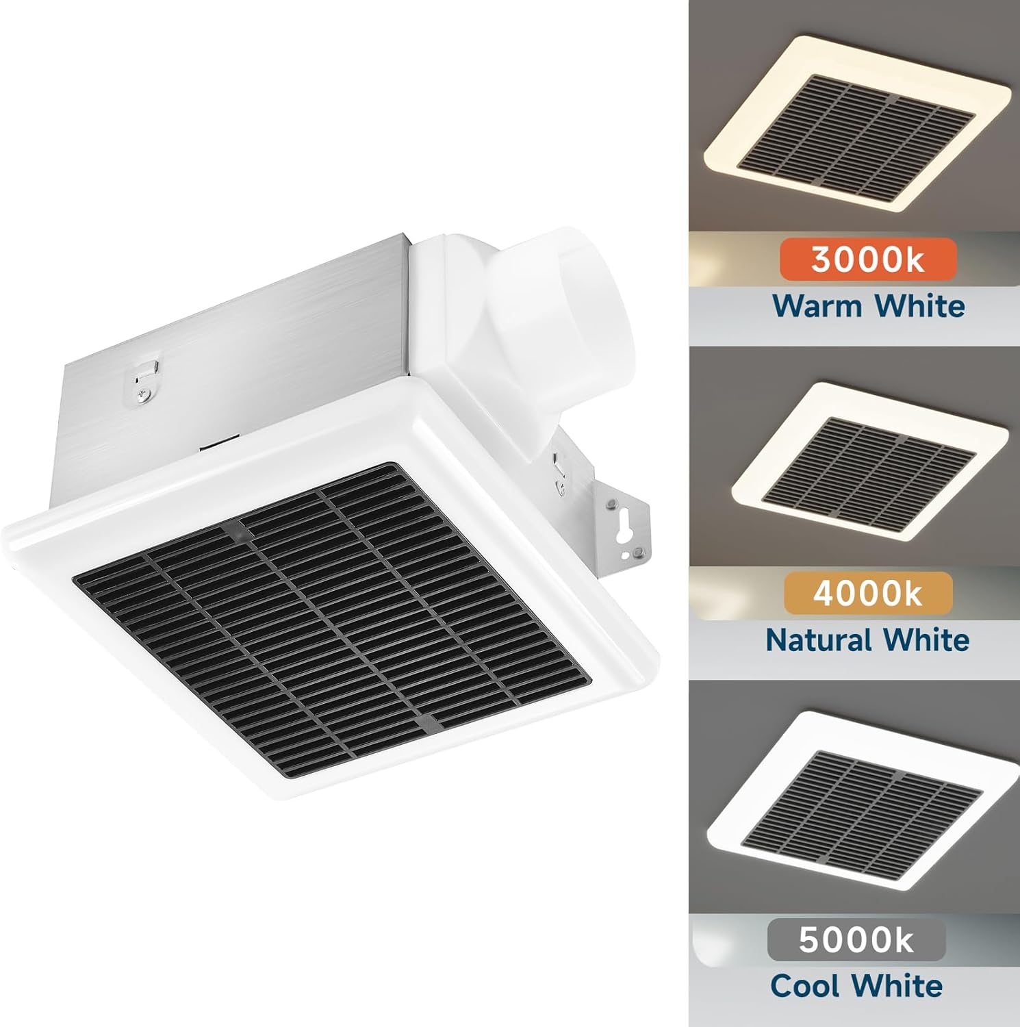 Bathroom Exhaust Fan with Light, 60 CFM 1.2 Sone, 3 Inch Duct, 1000lm 3CCT LED Light, Easy to Install Ceiling Mounted Ventilation Fan, Modern Black, ETL Certified