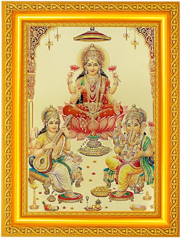 BM TRADERSLakshmi-Saraswati-Ganesh Beautiful Golden Print Photo In Golden Frame (11.50 x 13.50 Inches) OR (29.21 X 34.29 Cm's) Housewarming Gifting