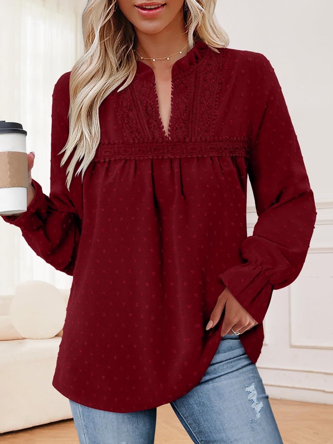 BETTE BOUTIK Womens Boho Fall Fashion Tops Long Sleeve Casual Shirts Flowy Swiss Dot Blouses - Image 3