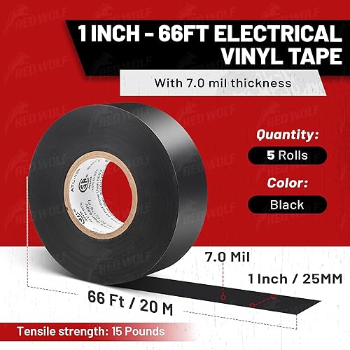 Miniatura 7 de RED WOLF Cinta eléctrica de vinilo de 1 pulgada x 66 pies, 5 rollos, cinta eléctrica de PVC con certificación UL CSA de 7 mil de grosor, resistente