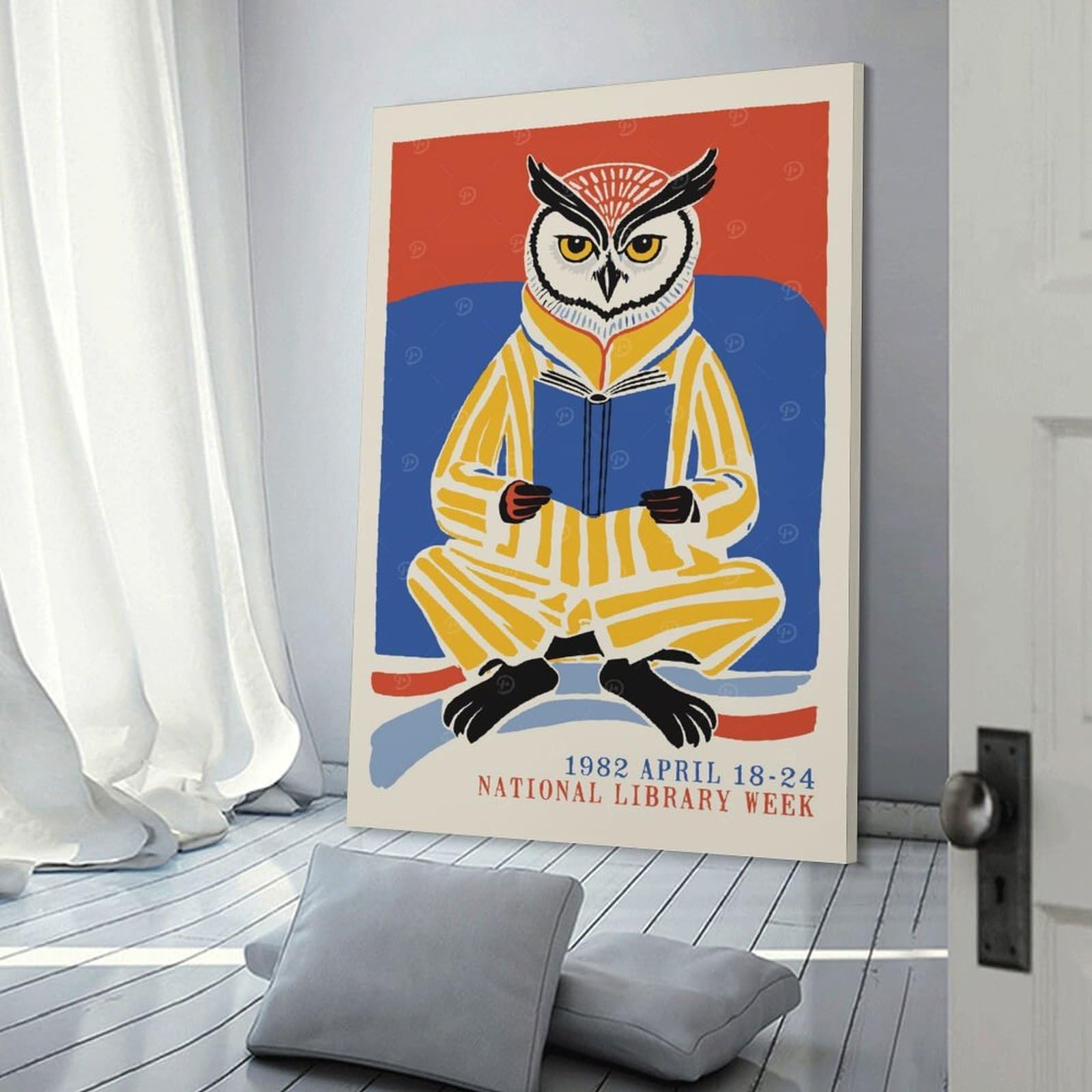 Junmoney National Library Week 1982 Owl Canvas Art Print 08x12inch(20x30cm), for Feature Walls in Flats Or Modern Rooms, Ideal for Building A Coordinated Art Wall