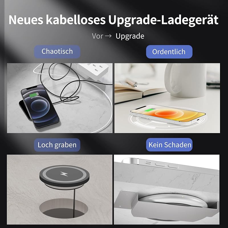 KPON 30mm Láthatatlan Vezeték Nélküli Töltő 10W - Asztal Alá Szerelhető Indukciós Töltő iPhone, Samsung és Huawei Telefonokhoz