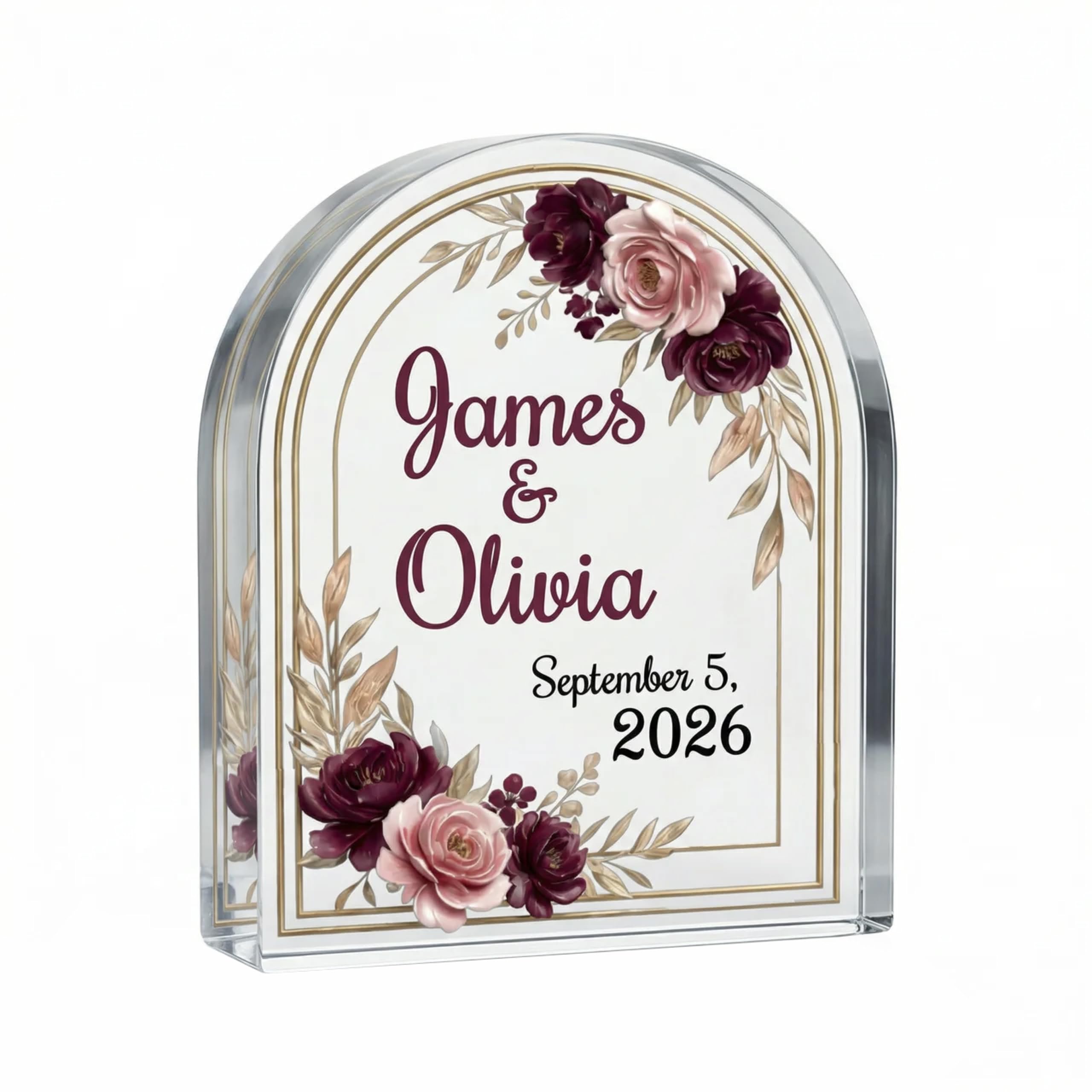 MyKeepsy Personalised Wedding Anniversary Plaque, Custom Names & Date Acrylic Keepsake, Floral Design for Couple, Wife, Husband, Wedding Decoration (Burgundy Rose Arch)
